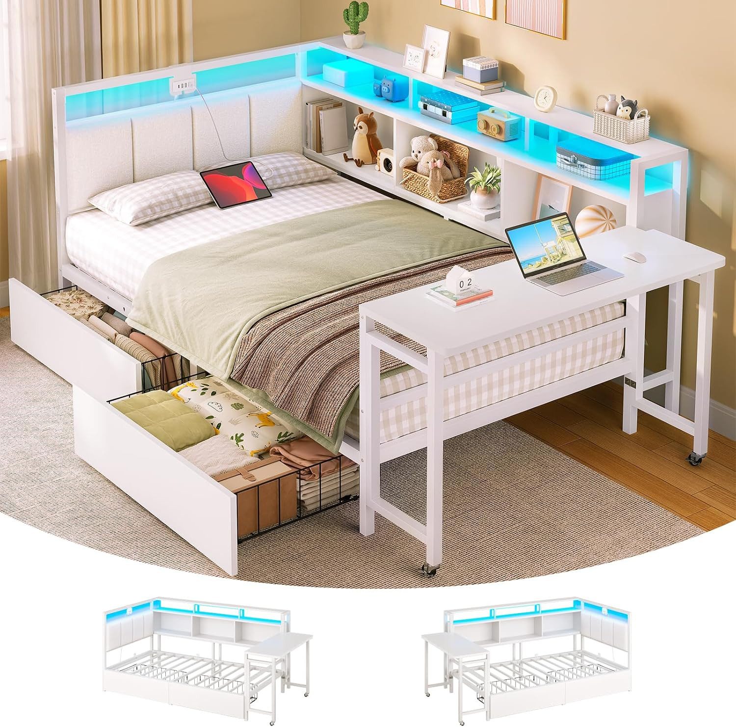 MSMASK Daybett mit Schublade, klappbarem Schreibtisch, LED-Beleuchtung & Ladestation (1 tlg), Polsterbett Schlafsofa Jugendbett mit viel Stauraum 90x200cm