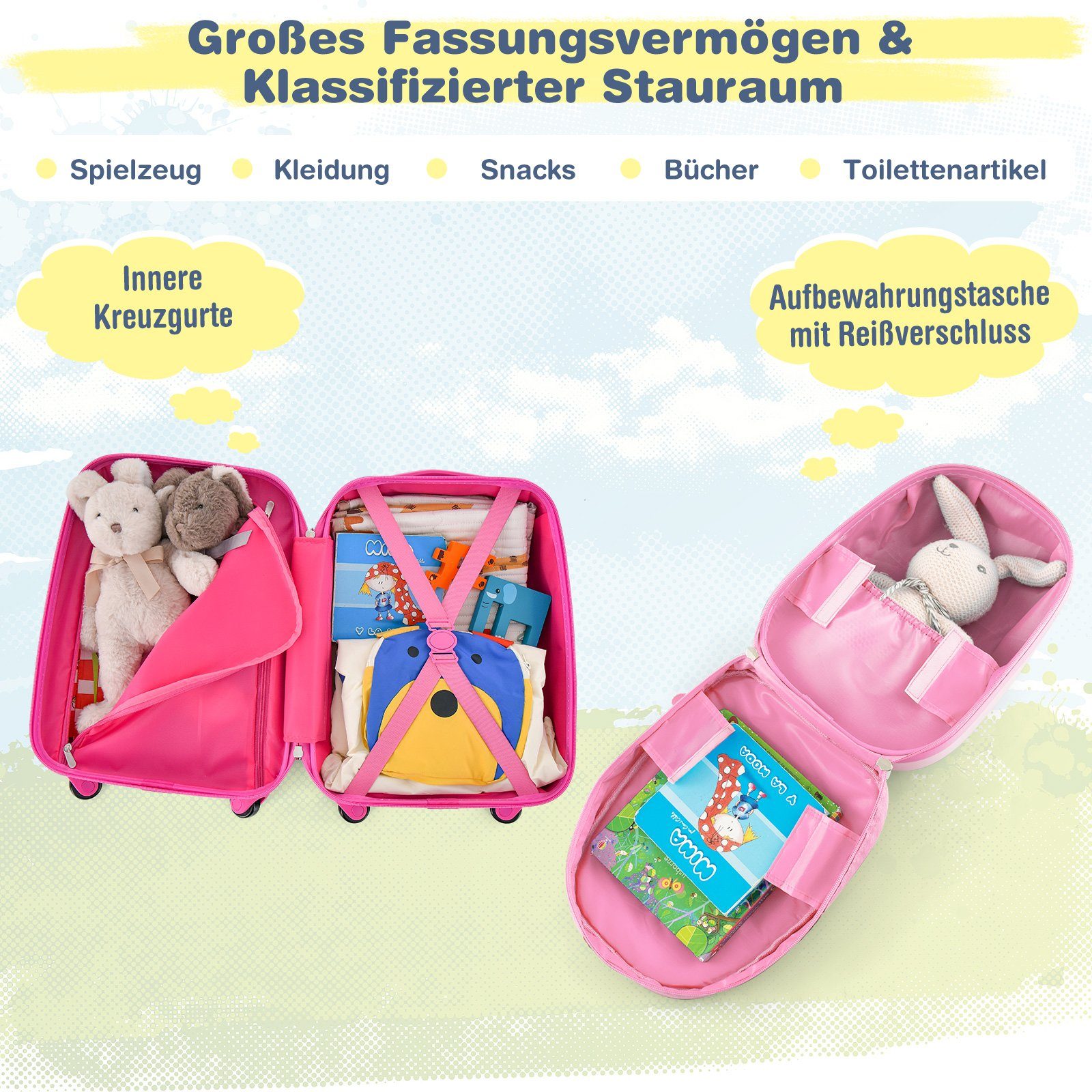 Kindertrolley COSTWAY Rucksack, mit Kinderkoffer rosa Einhorn 12"+16"