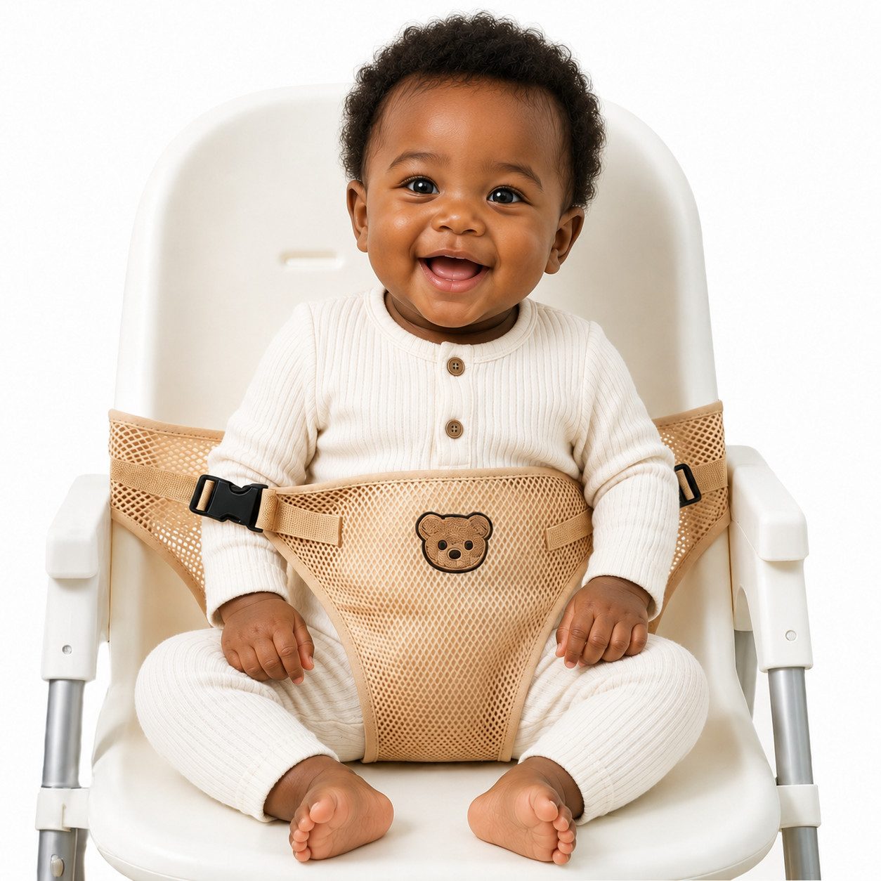 ILOKEN Baby-Sitzhilfe für Stühle, Universal, verstellbar, tragbar, beige Kinder-Sicherheitsgurt, Inklusive Aufbewahrungstasche – ideal für Urlaub und unterwegs