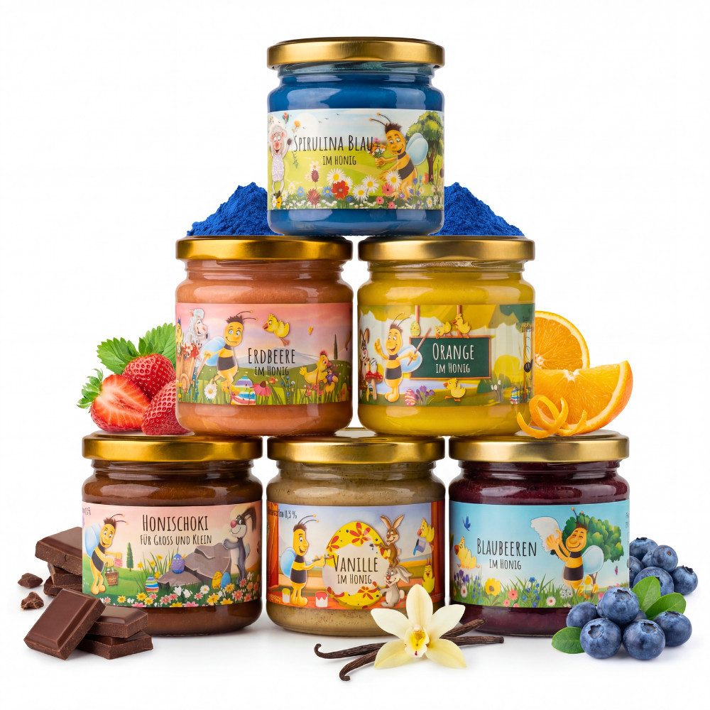 Grega´s Imkerei Honig Oster-Familien SET - Geschenkset 6er Box, 6 x 250 g, (perfektes Probier & Geschenk zu Ostern), Cremige Honigspezialitäten mit Früchten & Gewürzen im Osterdesign