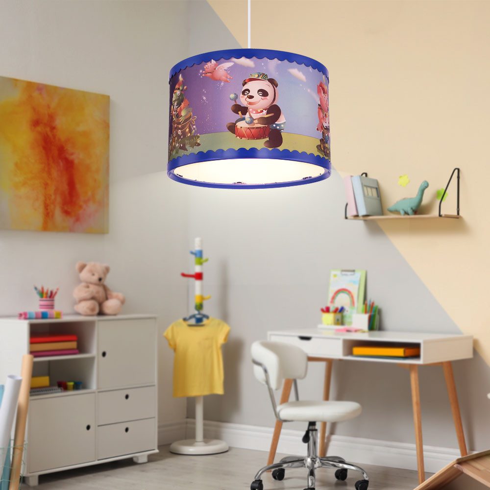 GLOBO LIGHTING LED-Hängeleuchte, Leuchtmittel inklusive, Warmweiß, Kinderleuchte Kinderzimmer Hängelampe LED Tiermotiv Panda Trommel bunt