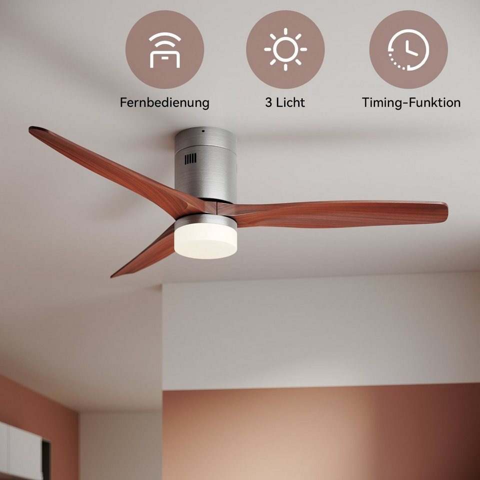 SONNI Deckenventilator holz mit LED licht Dimmbar leise 132 cm 3 Flügel,5  Leistungsstufen, DC-Motor,35W, energiesparend, geeignet für Sommer und  Winter