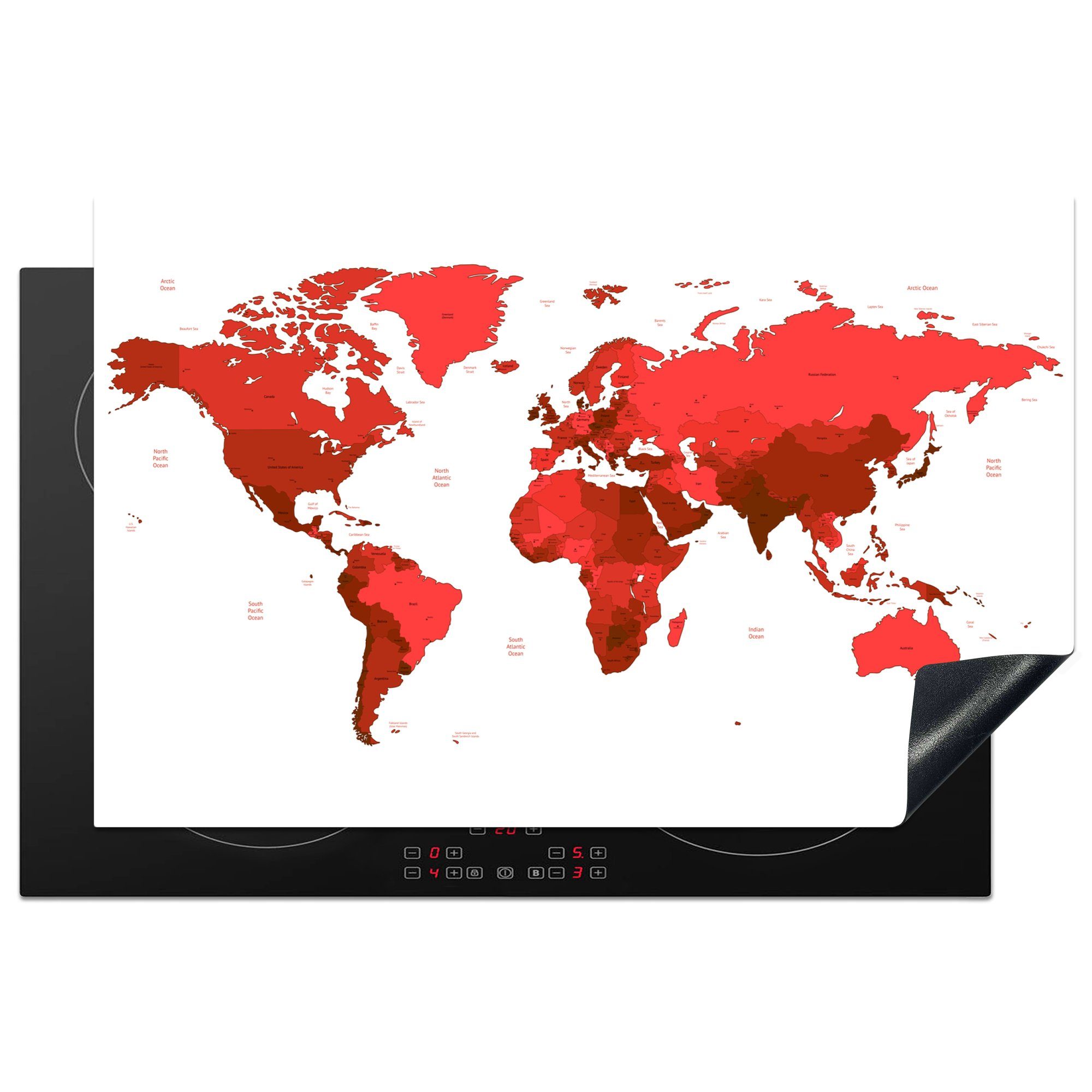 küche, Vinyl, Rot Schutz Ceranfeldabdeckung - Weltkarte die MuchoWow Induktionskochfeld 81x52 tlg), (1 - Herdblende-/Abdeckplatte für cm, Einfach,