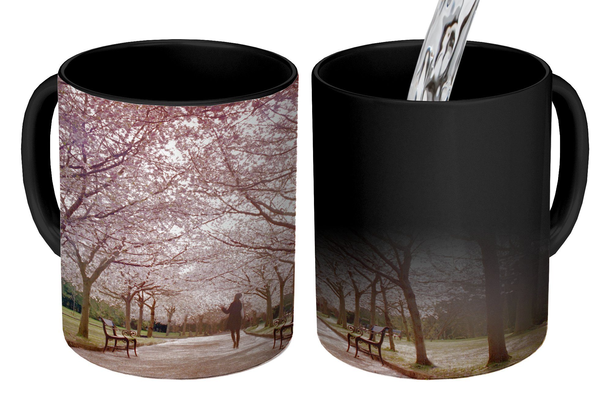 MuchoWow Tasse Sakura-Bäume an einem klaren Tag, Keramik, Farbwechsel, Kaffeetassen, Teetasse, Zaubertasse, Geschenk
