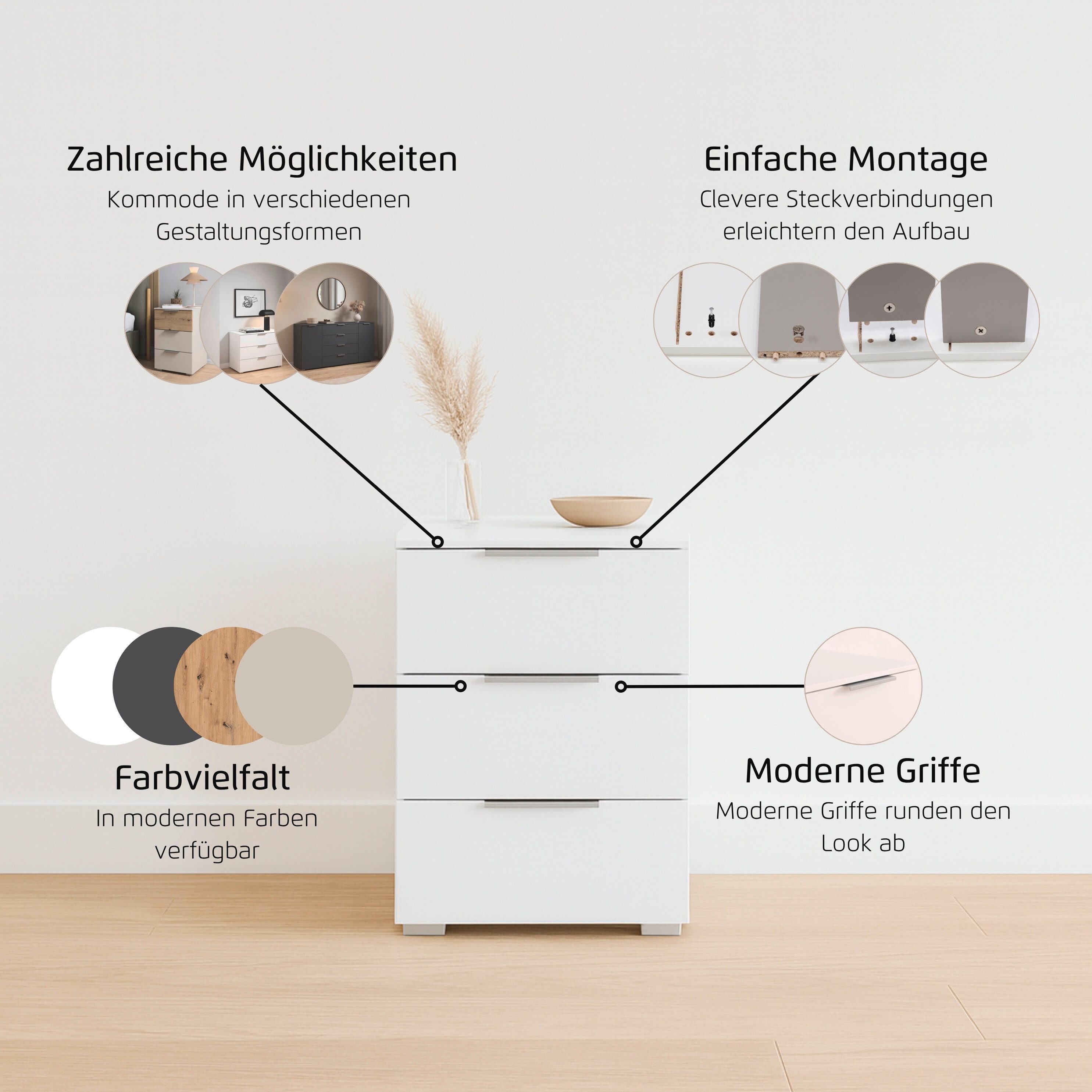 OTTO home Nachtkommode Nachttisch Nachtschrank Schubladen Sideboard Schubladenkommode ASTANA (Breite 40 cm / Höhe 61 cm), mit 3 geräumigen Schubladen, Kantengri – Bild 4 von 5