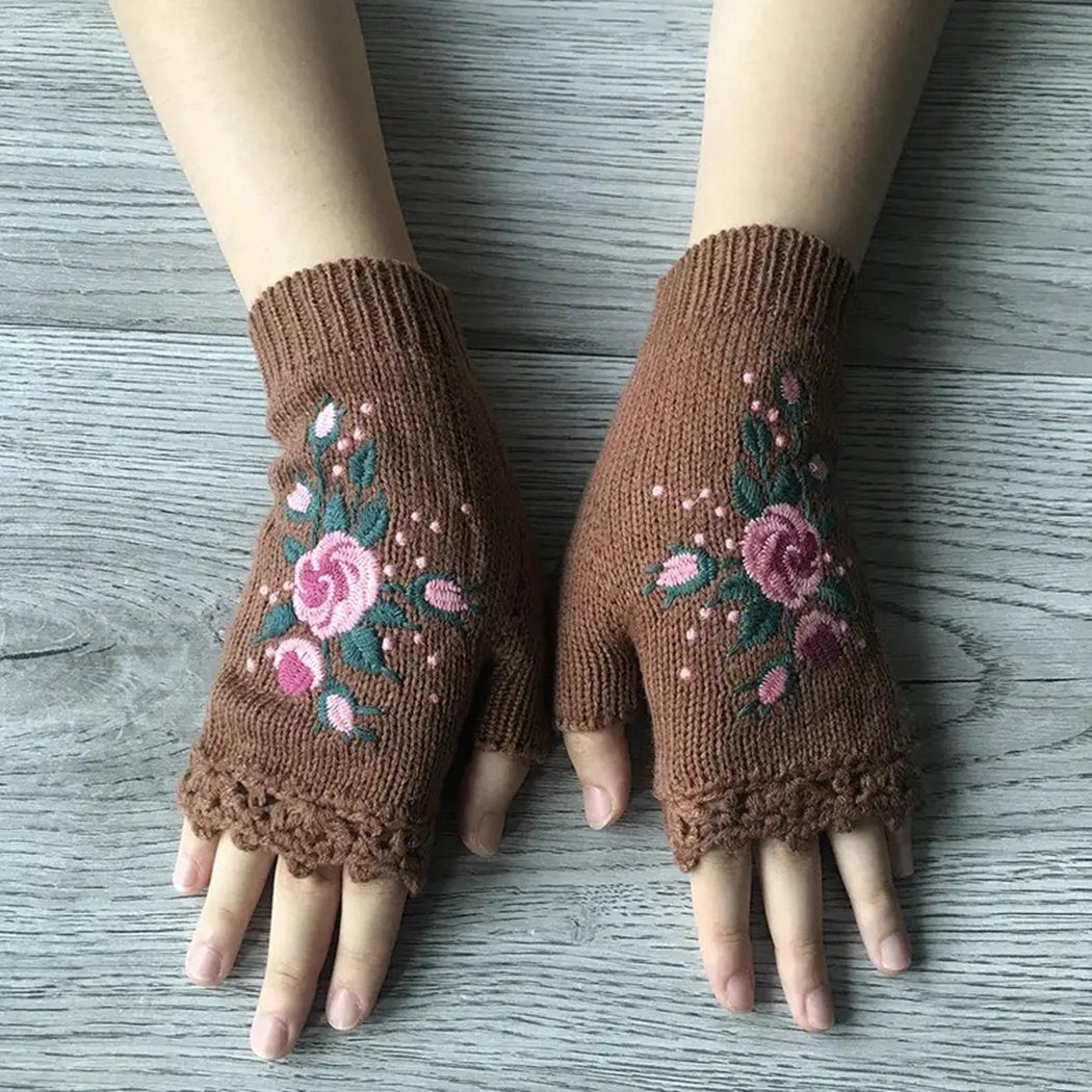 TUABUR Strickhandschuhe Handgefertigte, mit Blumen bestickte Handschuhe, Strickhandschuhe brown
