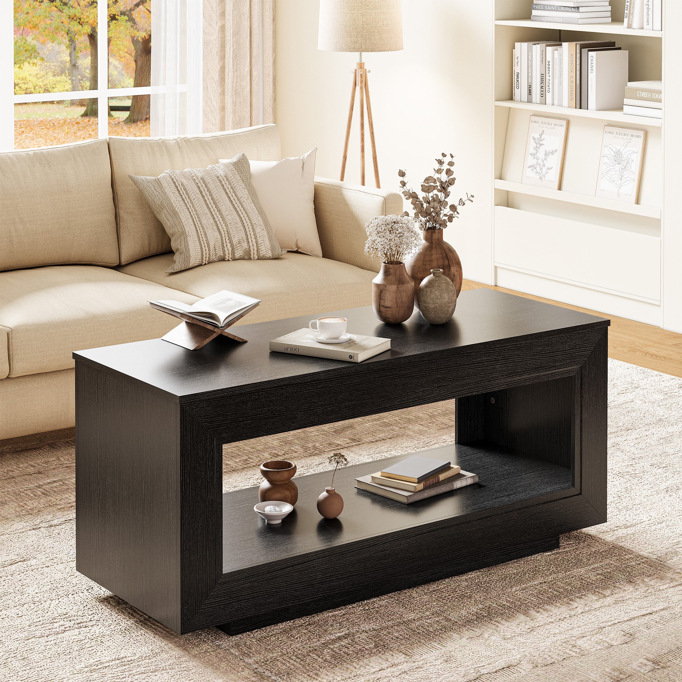 FABATO Couchtisch Multifunktionaler hebbarer Couchtisch mit Stauraum (1-St), aus Holz in Schwarz – ideal als Wohnzimmer-Mitteltisch
