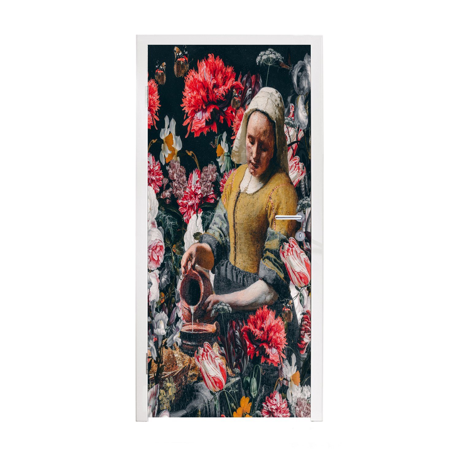 MuchoWow Türtapete Milchmädchen - Vermeer - Blumen, Matt, bedruckt, (1 St), Fototapete für Tür, Türaufkleber, 75x205 cm