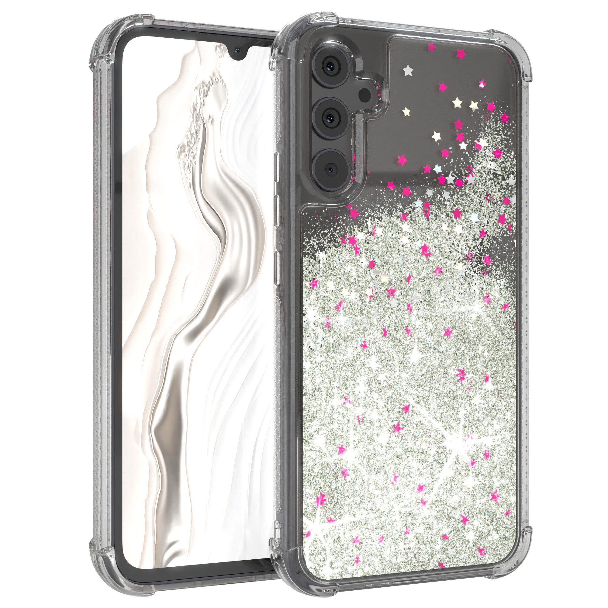 EAZY CASE Handyhülle Liquid Glittery Case für Samsung Galaxy A34 (5G) 6,6 Zoll, Kratzfeste Silikonhülle stoßfestes Back Cover Phone Case Etui Silber