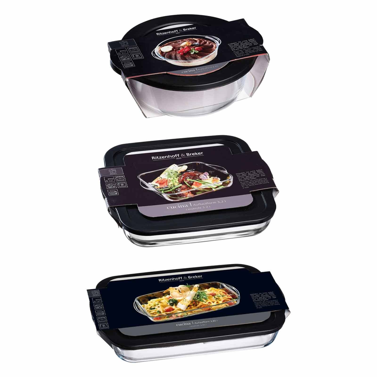 Ritzenhoff & Breker Auflaufform Cucina Auflaufformen mit Frischhaltedeckel 3er Set, Glas, (3-St)