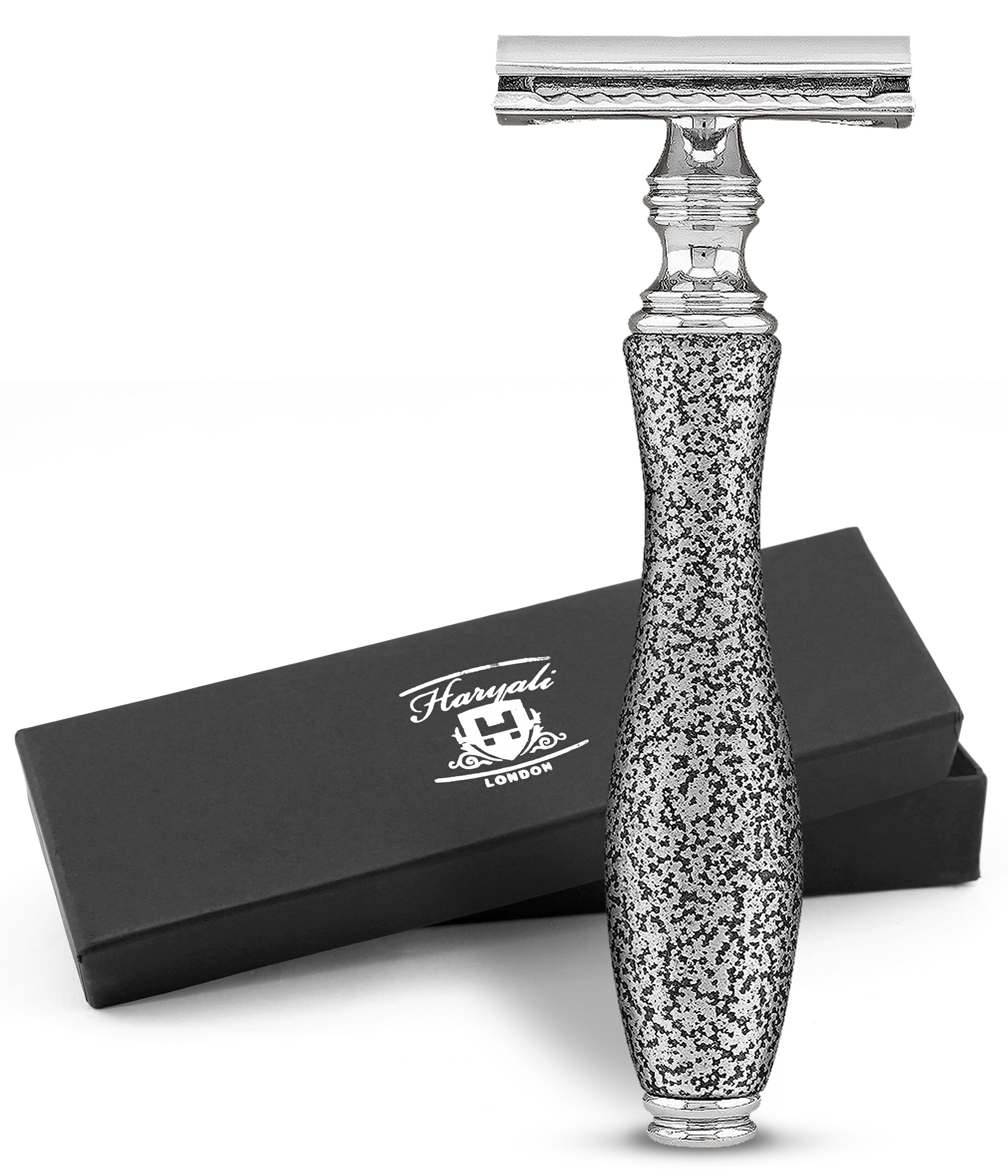Haryali London Nassrasierer De Rasierhobel für Damen und Herren, antiker Metallgriff, Grau, Packung, Rutschfester Nassrasierer aus hochwertigem Messing Silber, Abwaschbarer, rutschfester glänzender Harzgriff, bestes Rasiererlebnis