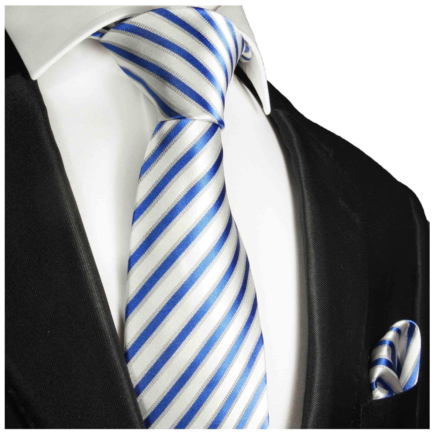 modern mit Einstecktuch) mit Paul 100% Tuch (Set, (6cm), Seidenkrawatte weiß Malone Herren Seide 2-St., Krawatte 685 Krawatte gestreift blau Schmal