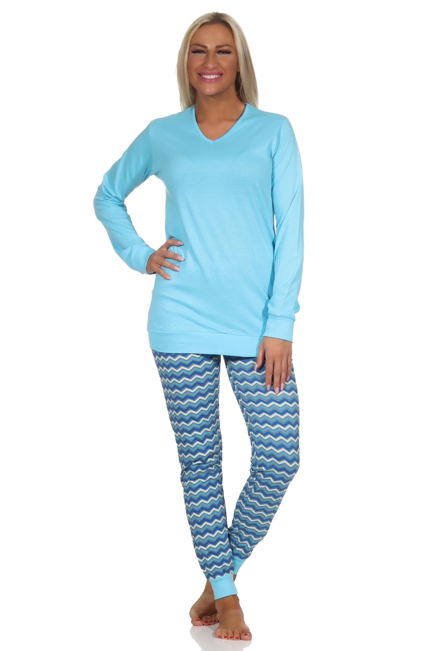 Normann Pyjama Damen Pyjama, Schlafanzug lang mit V-Hals & Bündchen im Ethno-Look blau