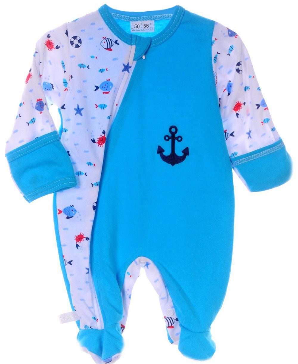 La Bortini Strampler Baby Schlafanzug Overall in Türkis mit Schiffe aus reiner Baumwolle, 44 50 56 62 68 74 80 86