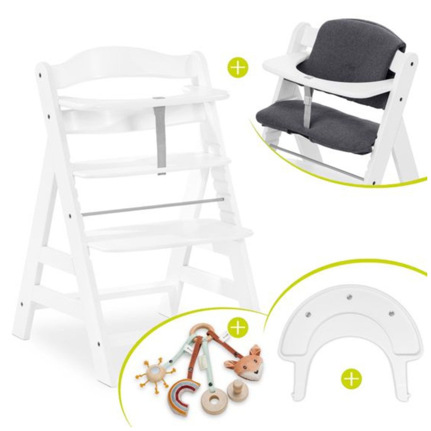 Hauck Hochstuhl Alpha Plus White, Holz Kinderhochstuhl mit Sitzauflage, Play Tray Basis & Spielring