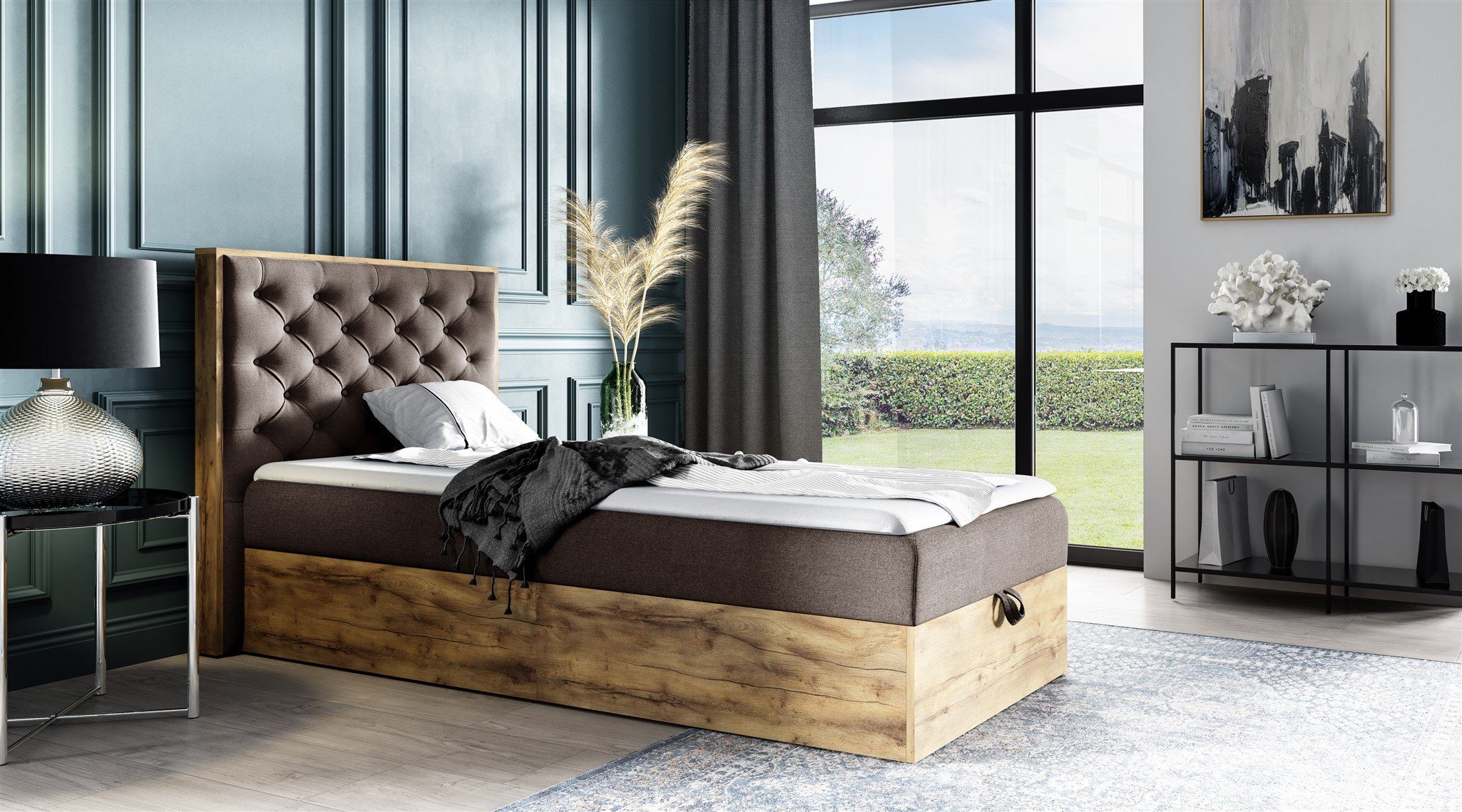 Fun Möbel Boxbett Gästebett Einzelbett Bett DIONA MINI in Stoff (Artisan-Eiche Optik, in drei Größen), Inkl. Bettkasten und Topper