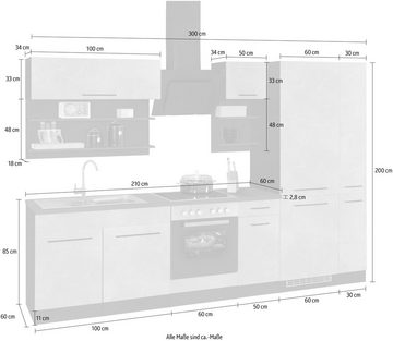 HELD MÖBEL Küchenzeile Tulsa, mit E-Geräten, Breite 300 cm, schwarze Metallgriffe, MDF Fronten