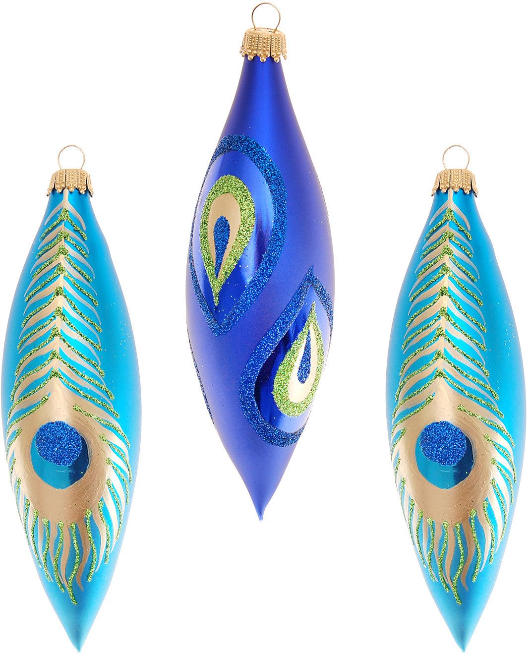 Krebs Glas Lauscha Christbaumschmuck Oliven Pfau-Design (3-tlg), Glas, 3 Stück
