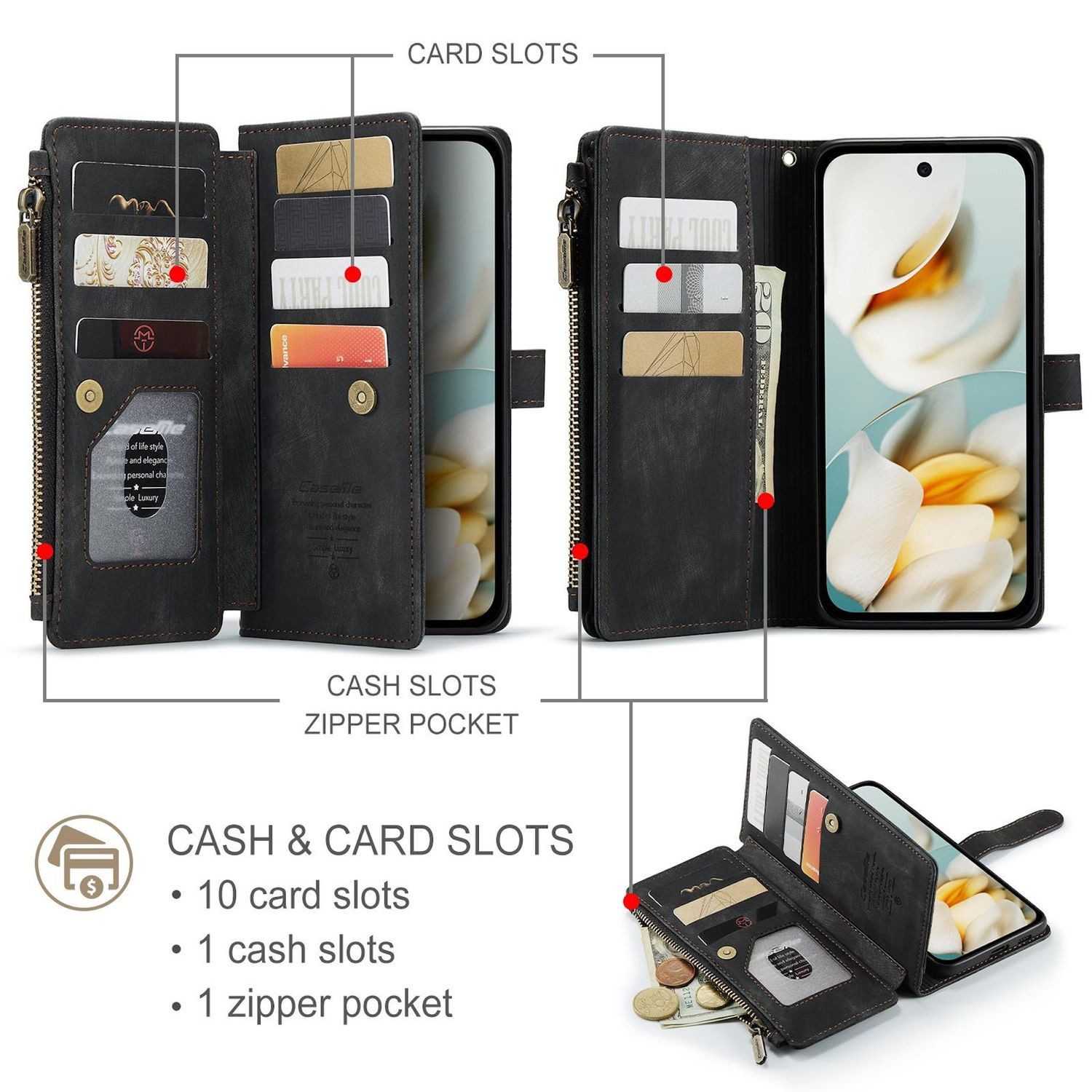 CaseMe Handyhülle Für Google Pixel 9a Kunstleder Multifunktion C30 Wallet Tasche Schwarz, Kunst-Leder Schutz Tasche Smart Case Multifunktion