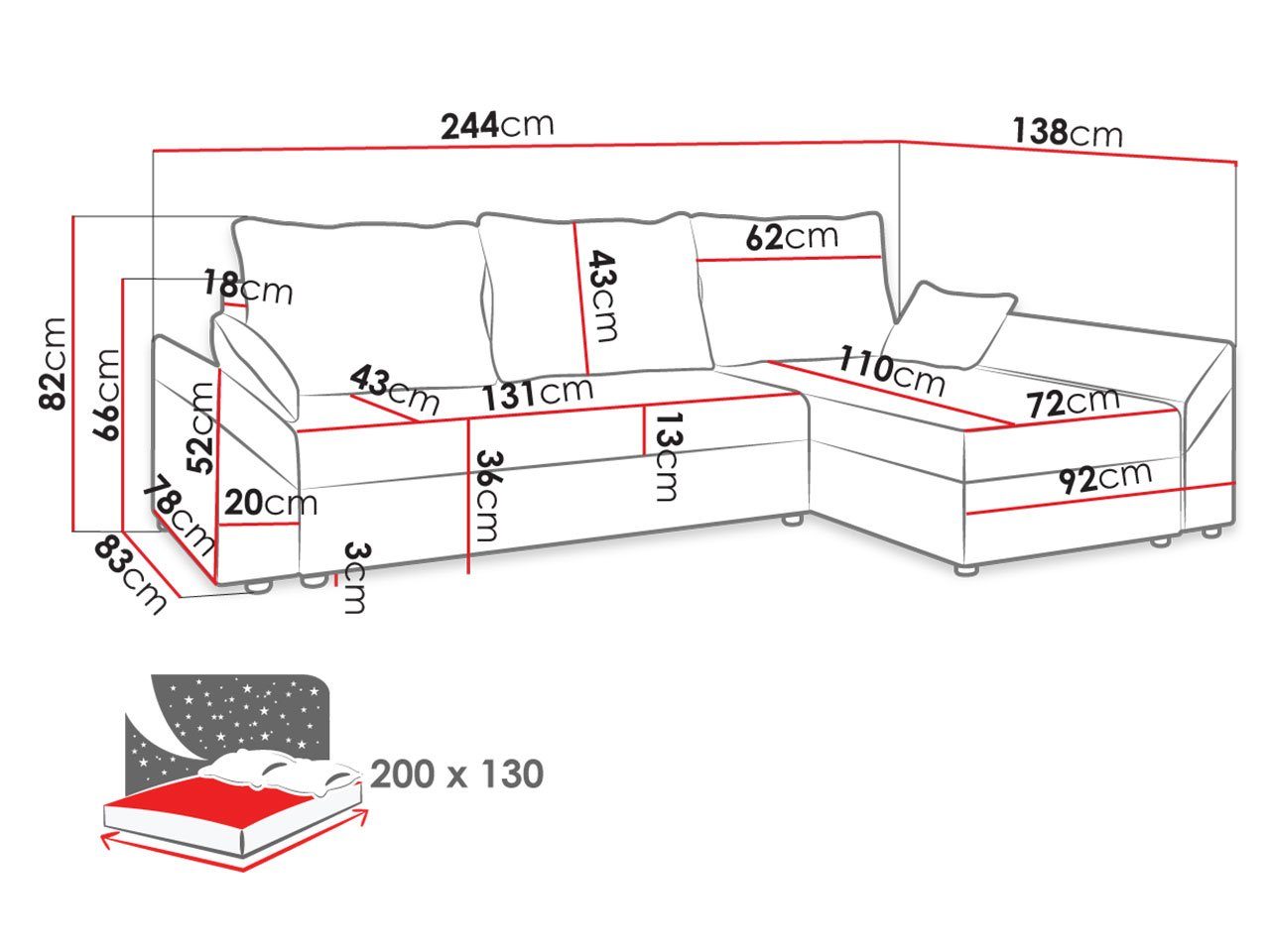 MIRJAN24 Ecksofa L mit und universell, L-Form Dante Schlaffunktion Lux, mane Ecksofa, 3 Sitzer Sofa Bettkasten