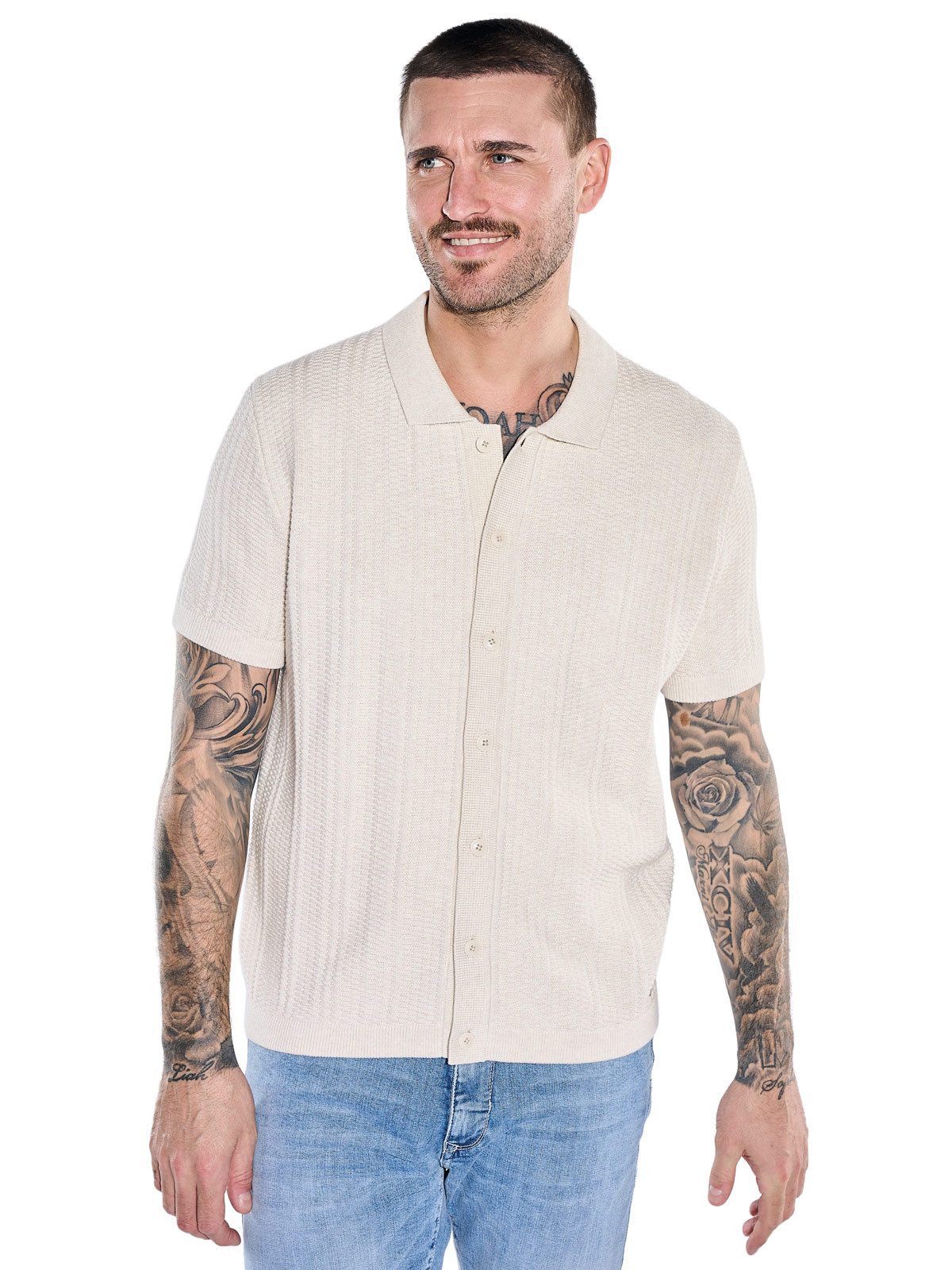emilio adani Strickpullover Herren Strick-Polo mit Knopfleiste, Beige