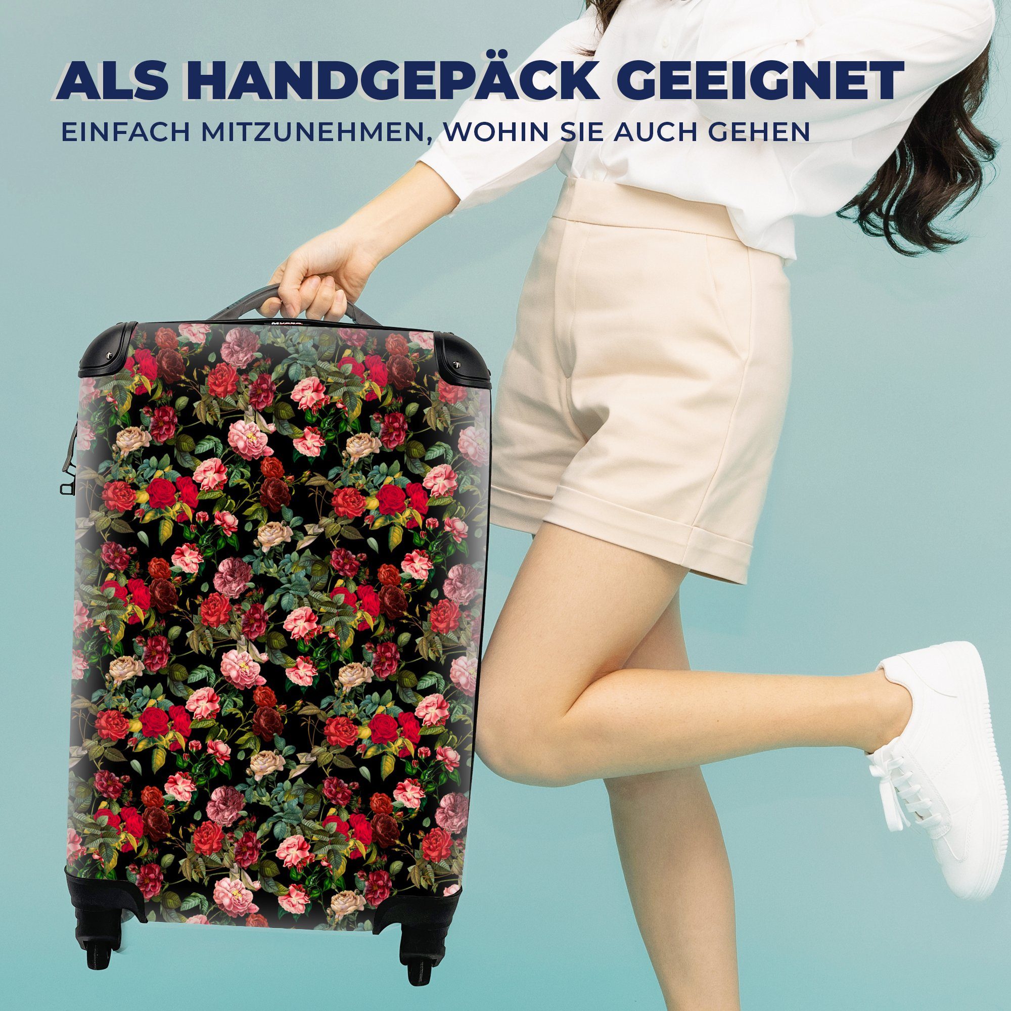 MuchoWow Handgepäckkoffer Reisekoffer - - Rosen, mit Rot Trolley, 4 Ferien, Rollen, Reisetasche Blumen rollen, Handgepäck für