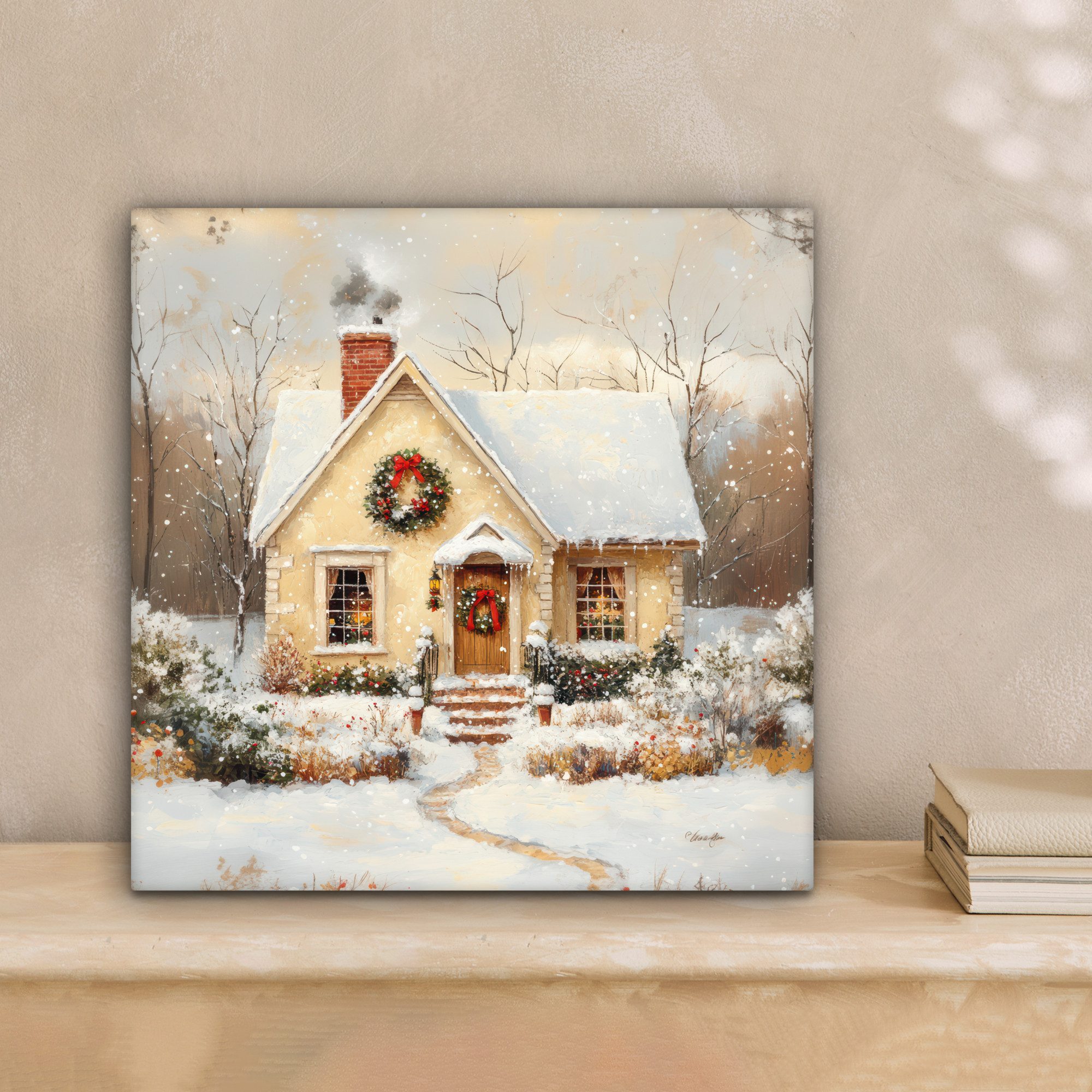 OneMillionCanvasses® Leinwandbild Weihnachten - Zuhause - Winter - Schnee, Fotodruck (1 St), Wandbild, Deko Schlafzimmer Wohnzimmer Flur 20x20 cm