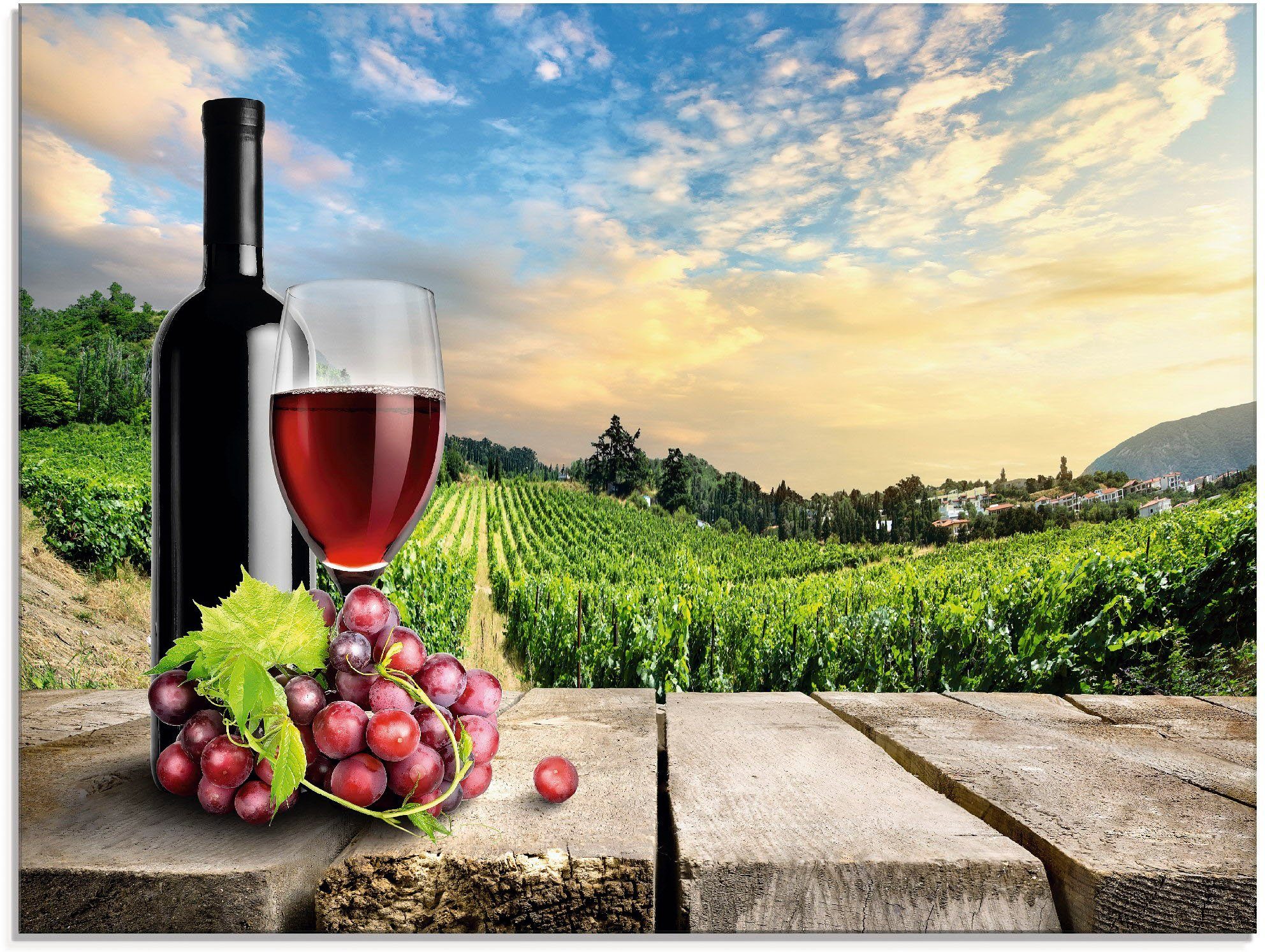 Artland Glasbild Wein vor Weinbergen, Berge (1 St), in verschiedenen Größen