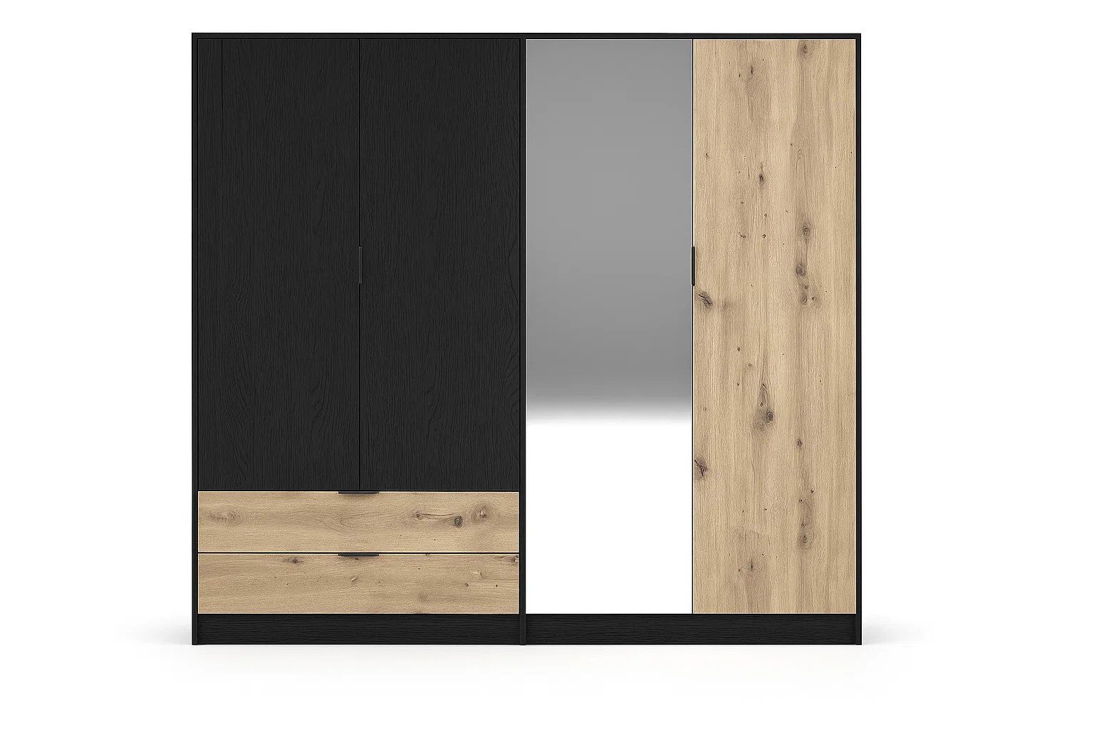 OTTO home Kleiderschrank PEERY mit Spiegel, 2 Schubladen, 4 Fächer und 2 Kleiderstangen Garderobe mit 4 Türen und schwarzen Griffen, Maße B/T/H: 220/54/203cm – Bild 3 von 5