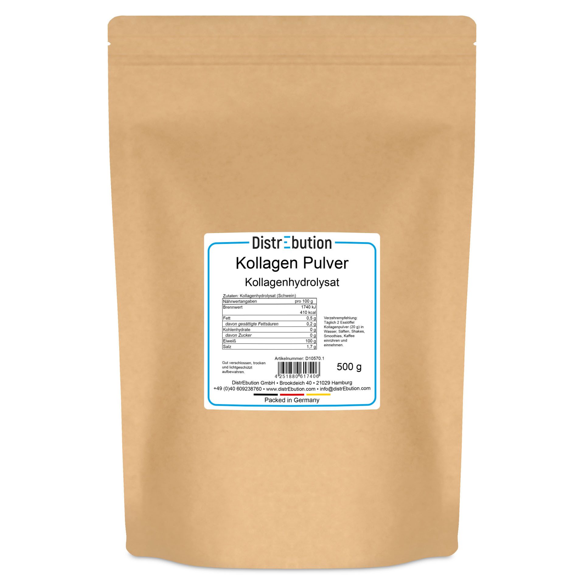 DistrEbution Kollagenhydrolysat, Kollagen Pulver, 500 g, geschmacksneutral, leicht löslich in Wasser, Säften, Shakes, Kaffee