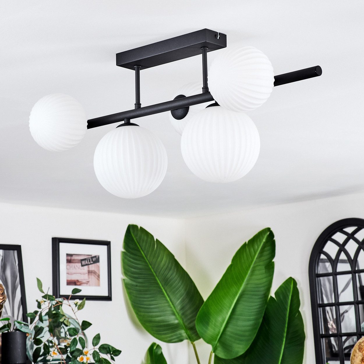 hofstein Deckenleuchte Deckenlampe aus Metall/Milchgas in Schwarz/Weiß, Deckenleuchte im Retro/Vintage-Design (Schirme Ø 12; 15 cm), 5 x G9