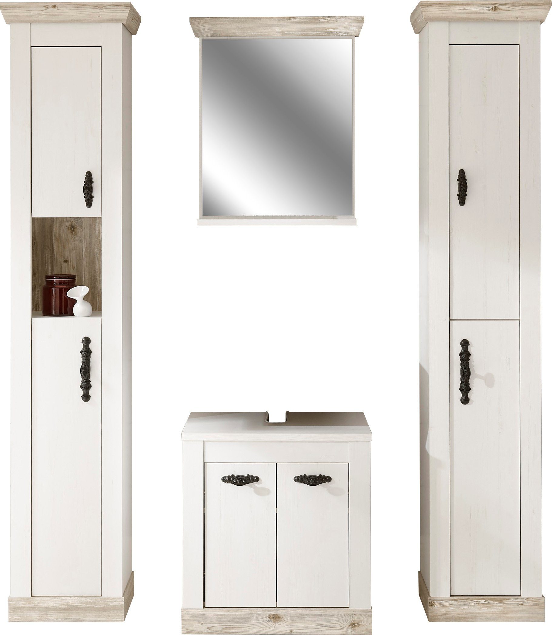 Home affaire Badmöbel-Set Florenz, Bad im Landhausstil, 3-teiliges Badezimmer, (4-St), Unterschrank, Schränke, und Spiegel, in Pinie Weiß, Stauraum