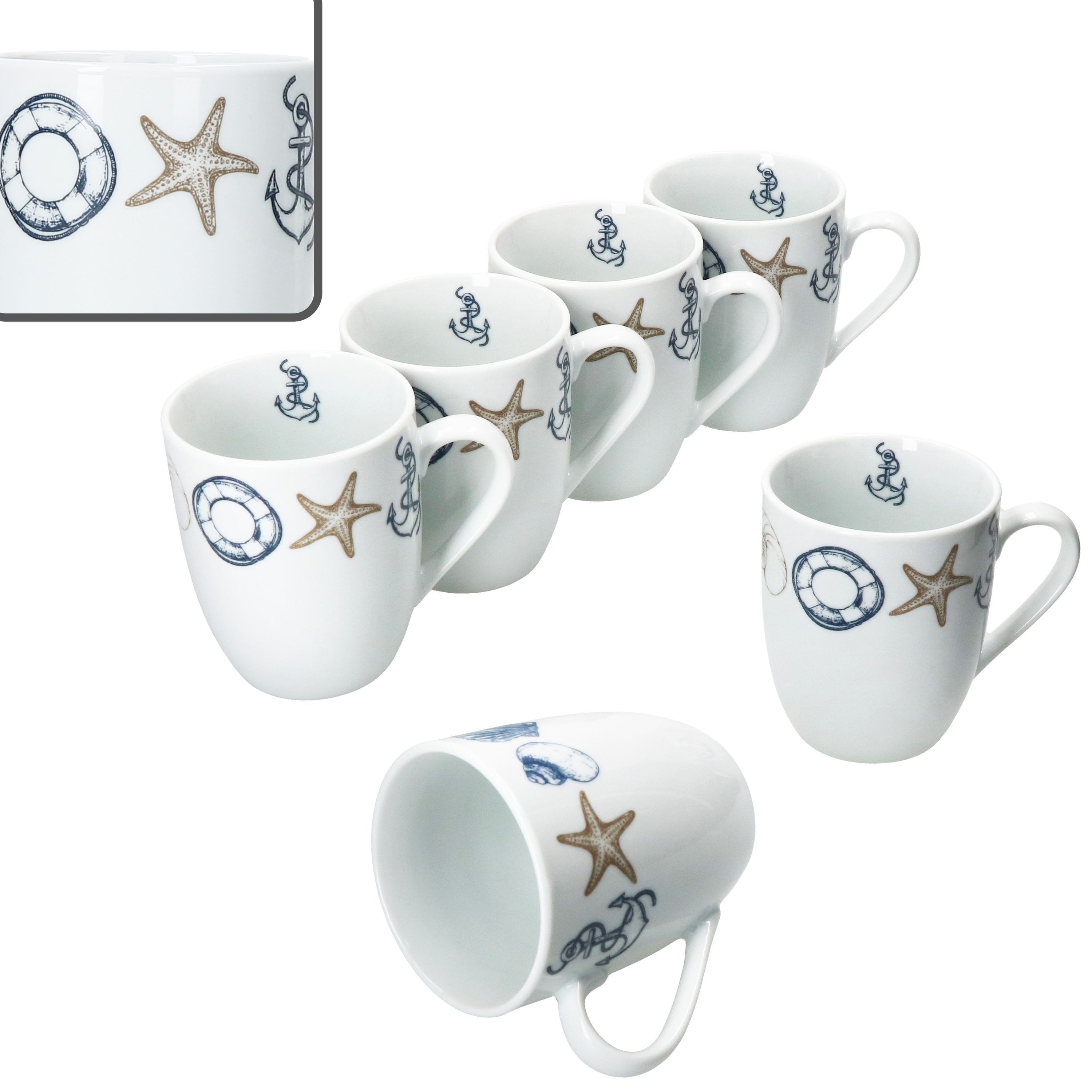 MamboCat Becher Neptun 6x Kaffeebecher 280ml Porzellan-Tassen Tee Kakao Anker maritim, Porzellan