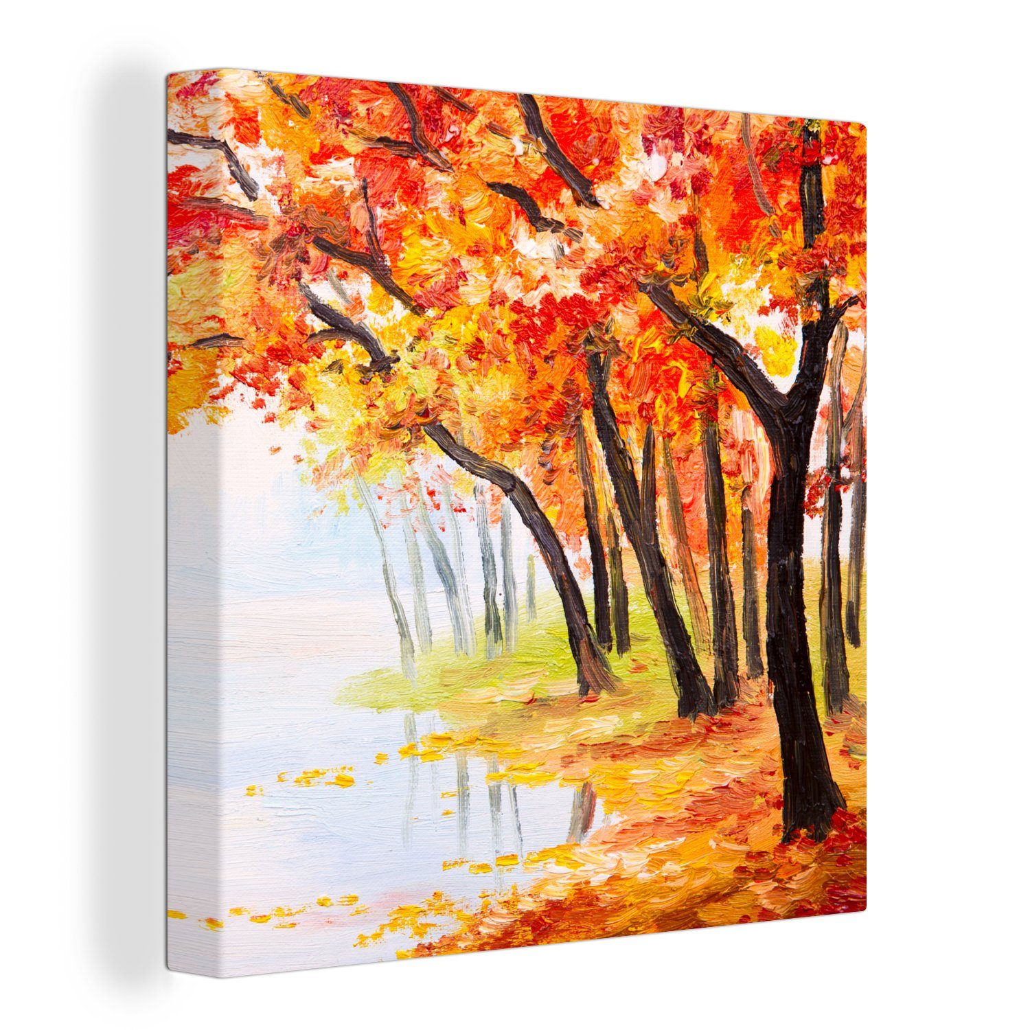OneMillionCanvasses® Gemälde Gemälde - Herbst - Bäume - Wasser - Ölfarbe, (1  St), Leinwand Bilder für Wohnzimmer Schlafzimmer