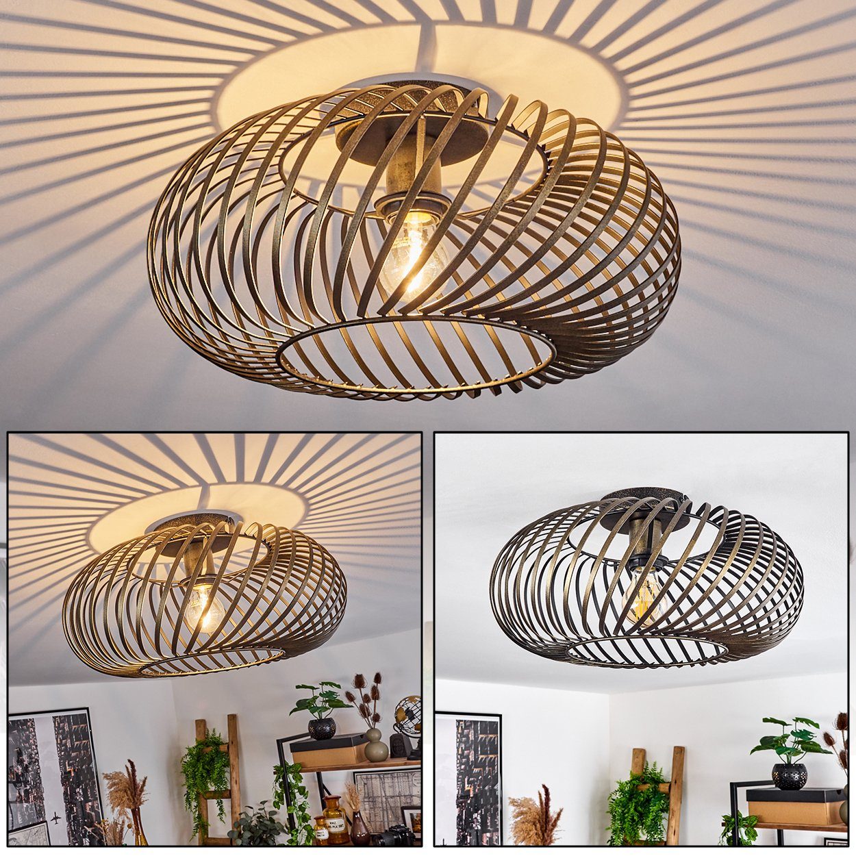 aus runde Gitter-Optik hofstein Ø40cm,Leuchte E27, Vintage-Design, in Metall »Aidone« Deckenlampe ohne durch Deckenleuchte Lichteffekt im Leuchtmittel, Goldfarben-antik/Schwarz,