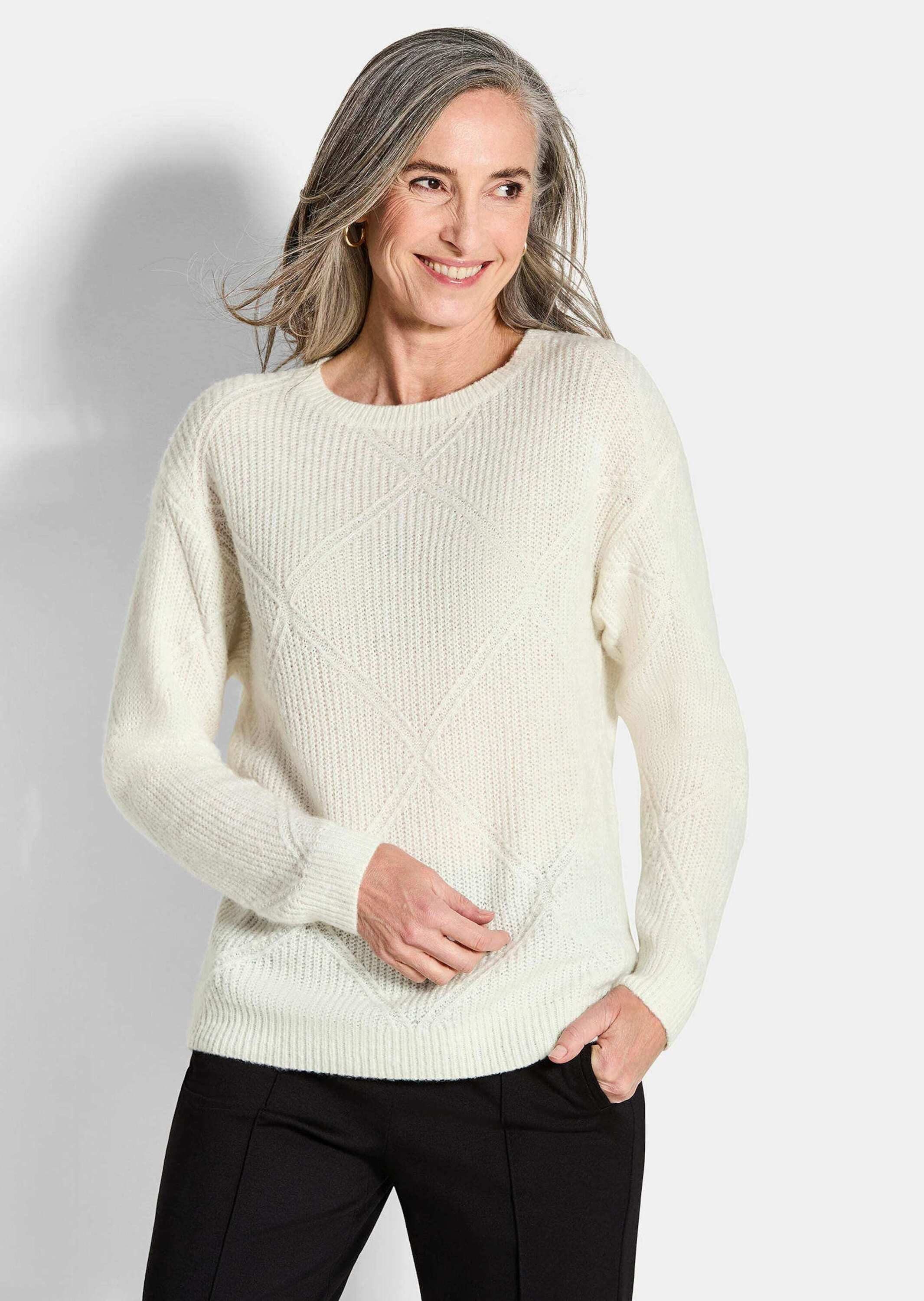 GOLDNER Strickpullover Kurzgröße: Langarm Pullover mit Rautenmuster Flauschiger U-Boot-Pullover mit Rippensaum, mit Wolle