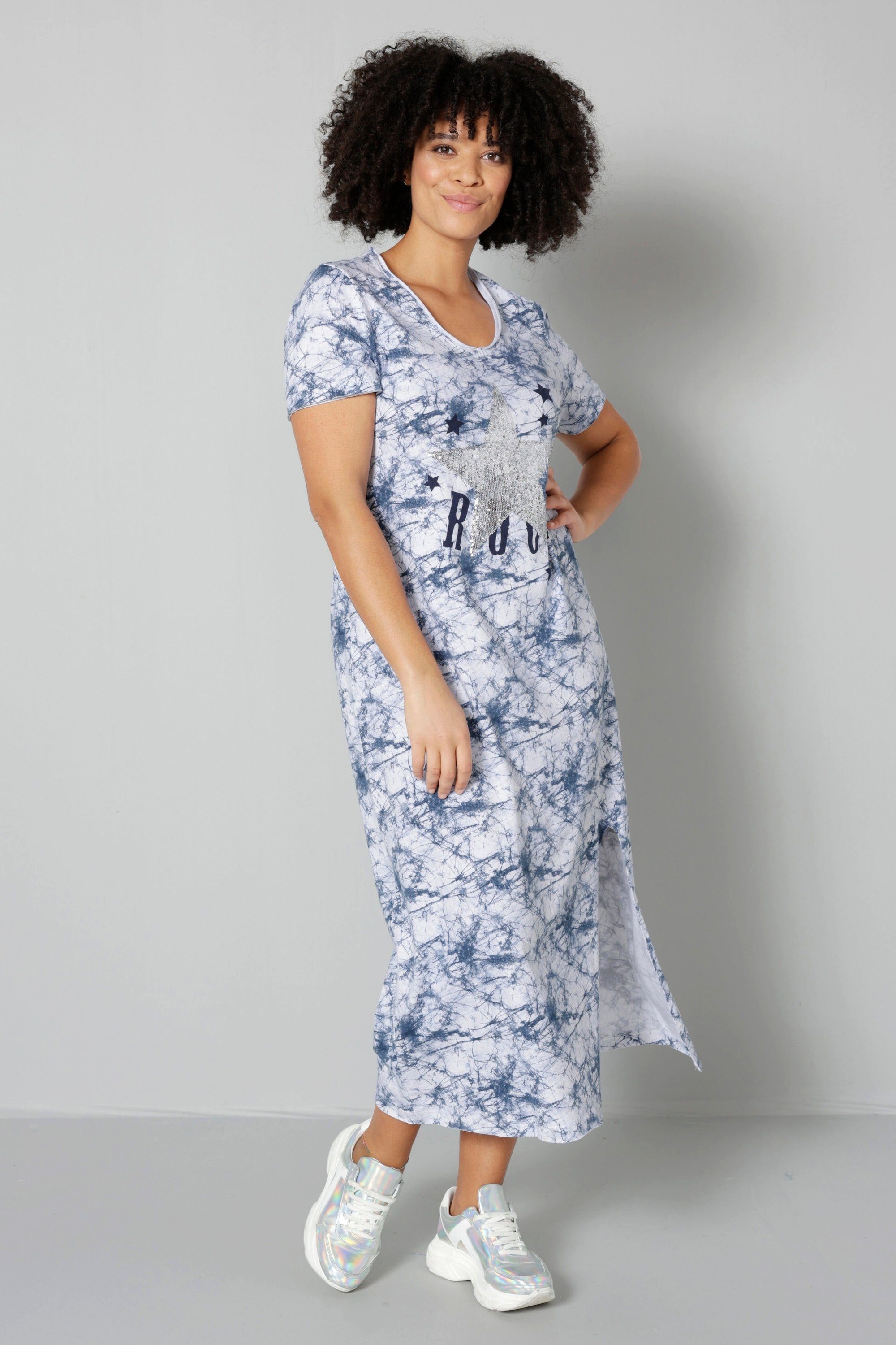Angel of Style Jerseykleid Kleid Batikdruck Silberstern V-Ausschnitt Halbarm