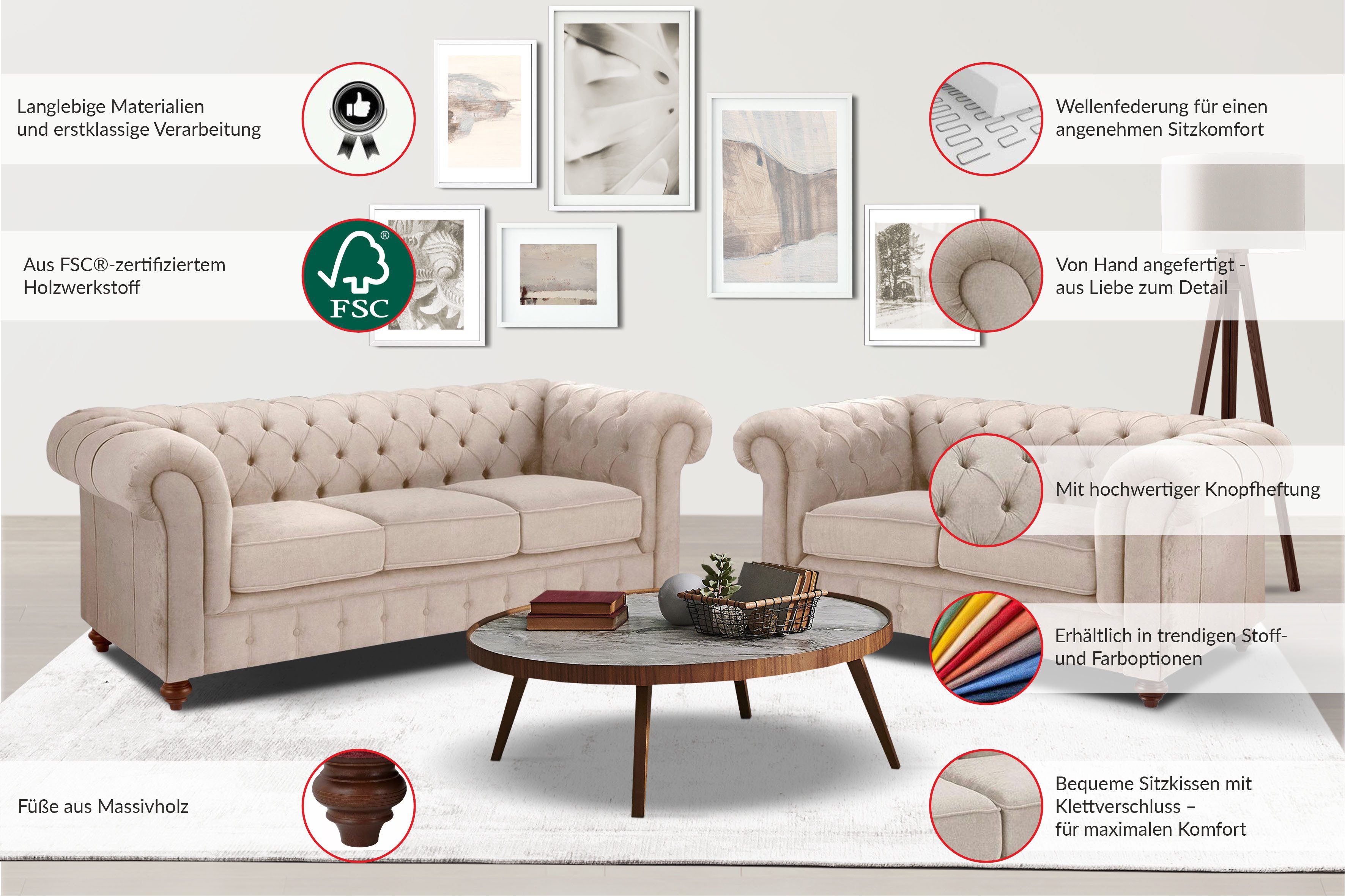 OTTO home Sitzgruppe Chesterfield, (2-tlg), hochwertige Knopfheftung, bestehend aus 2- und 3-Sitzer