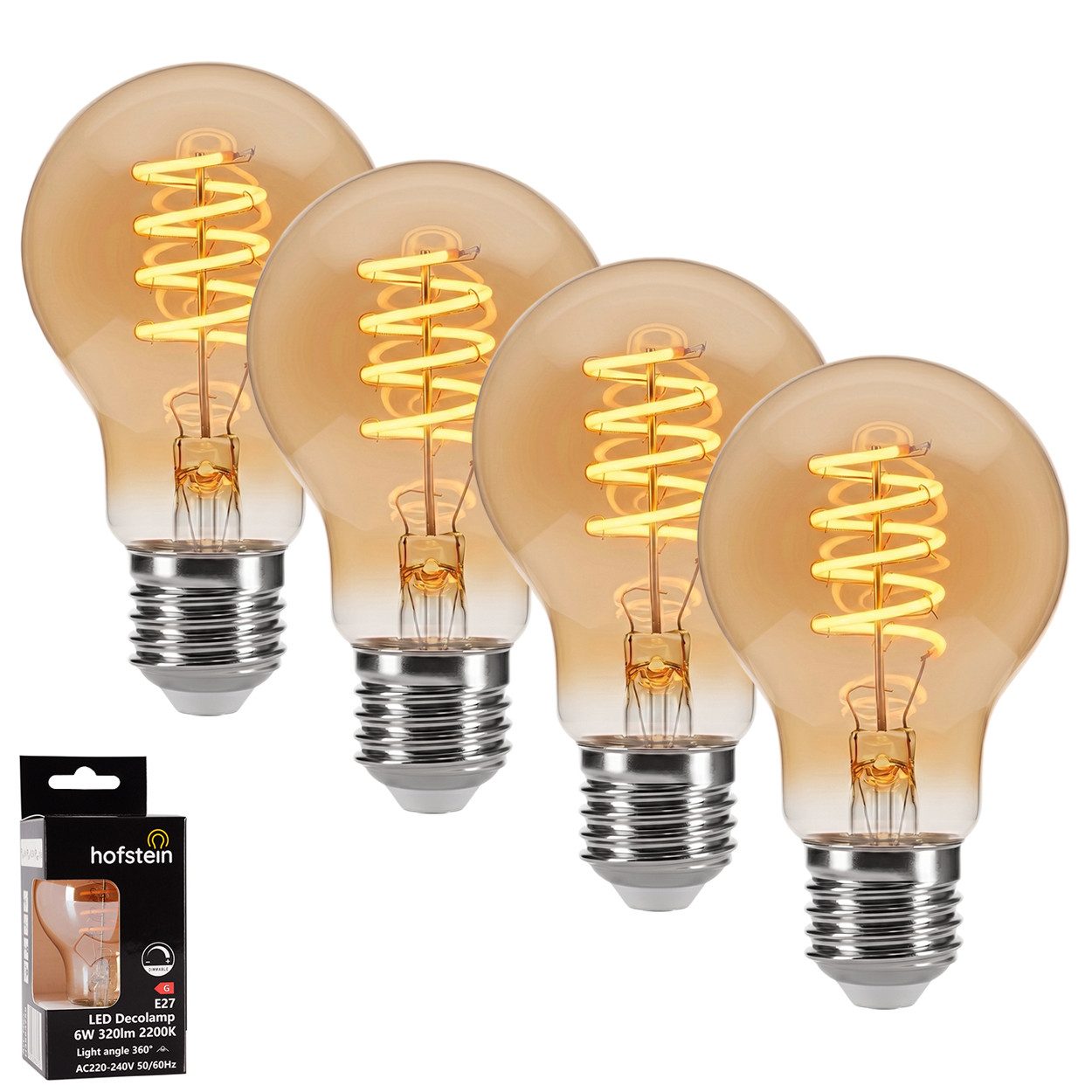 hofstein LED-Leuchtmittel 4er Set Glühbirne Extra Warmweiß dimmbar 6 Watt, E27, 2200 Kelvin, 320 Lumen, Klassisch, Filament Spirale, Amber