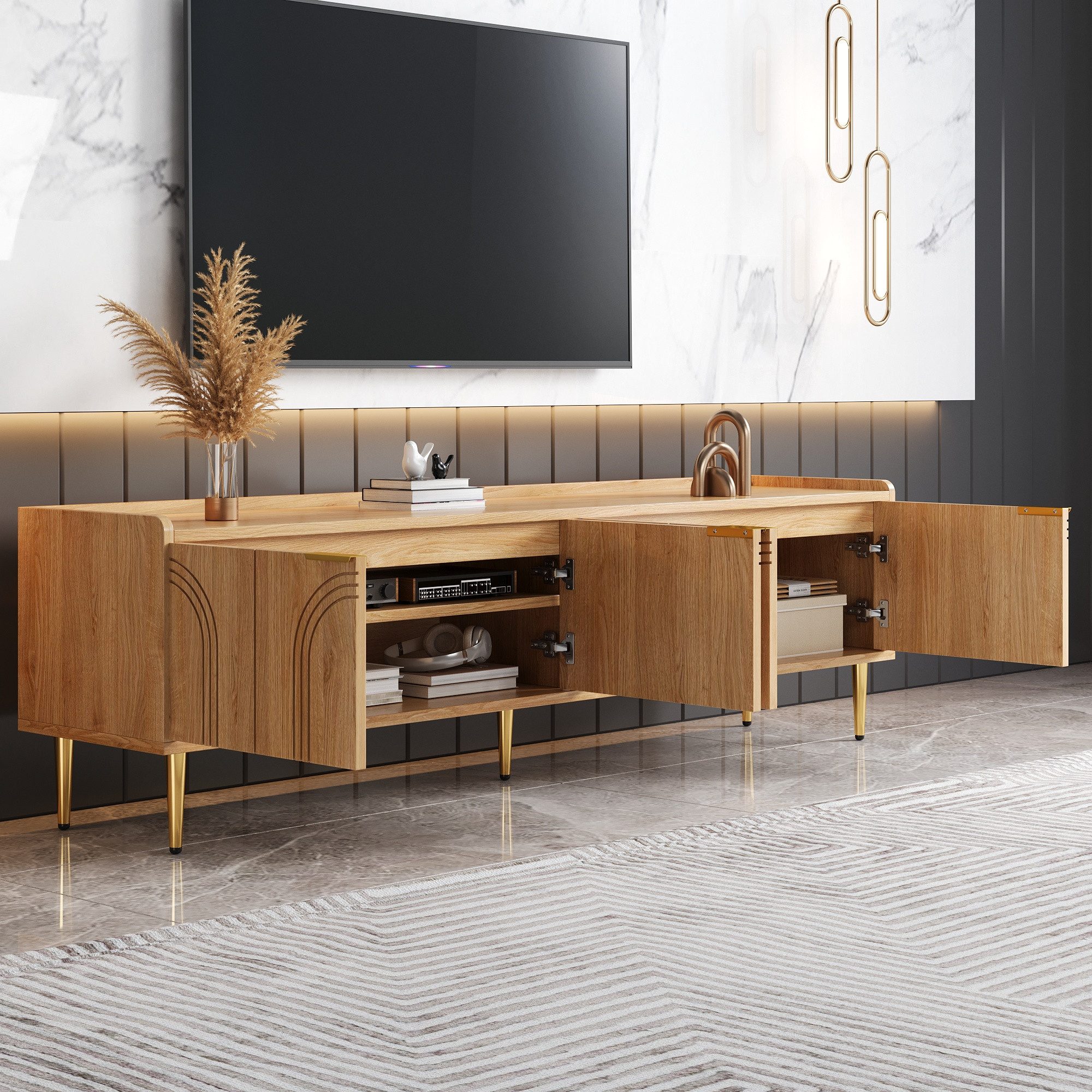 HAUSS SPOLE TV-Schrank aus MDF,Lowboard Fernsehschrank mit goldenen Griffen&goldenen Füßen