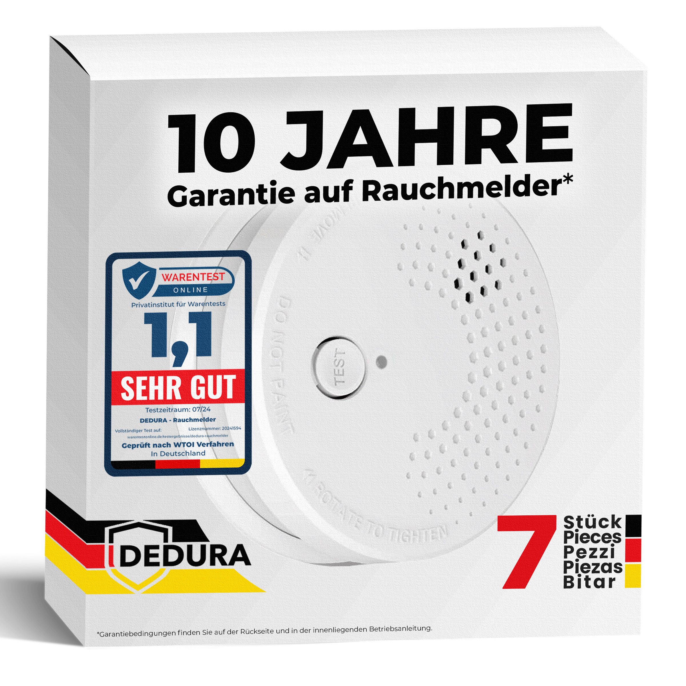 dedura Rauchmelder (10 Jahre Garantie BSI Zertifiziert nach DIN EN14604 inkl. 9V Batterie)
