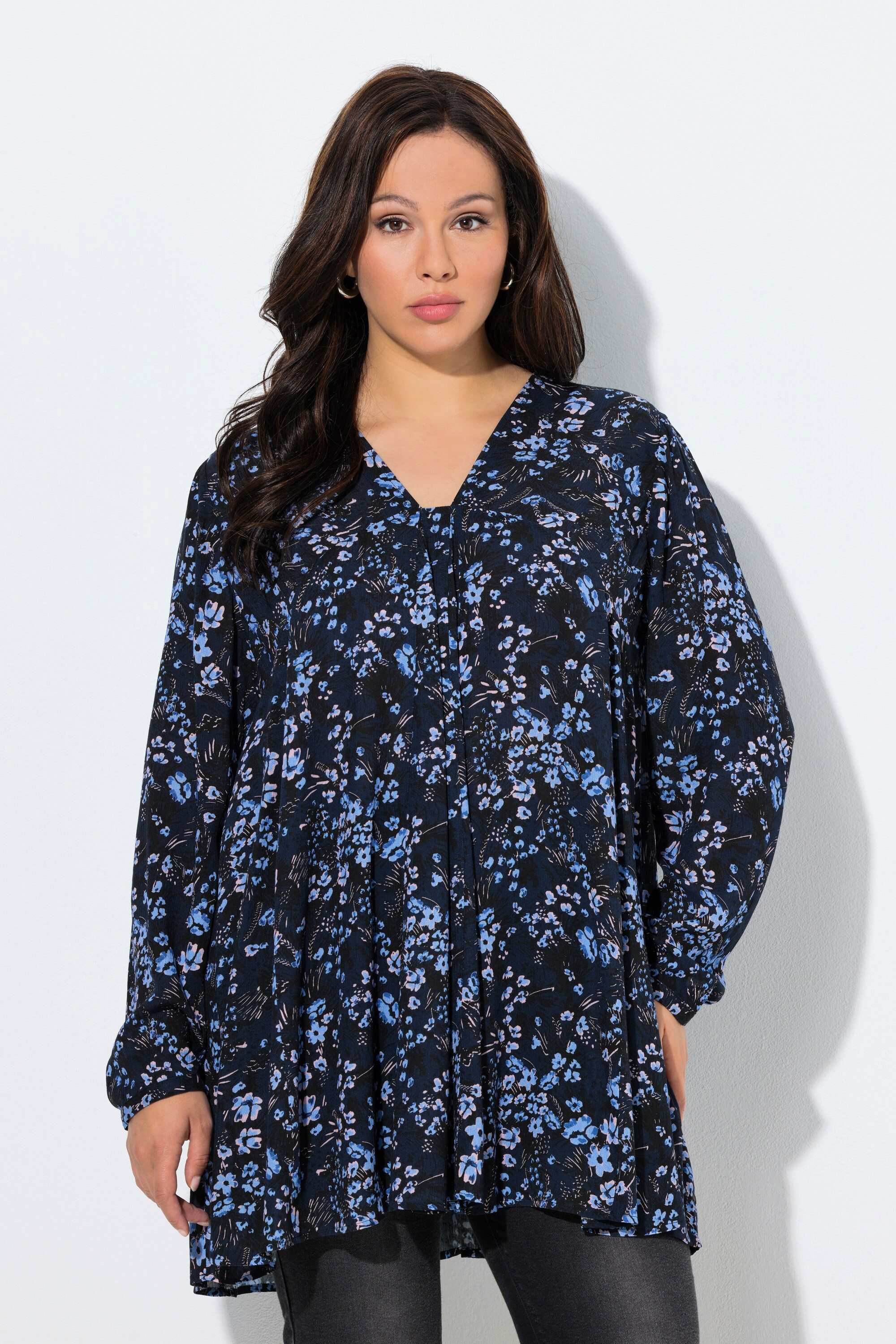 Ulla Popken Longbluse Bluse Blütenmuster Godetfalten A-Linie Langarm günstig online kaufen