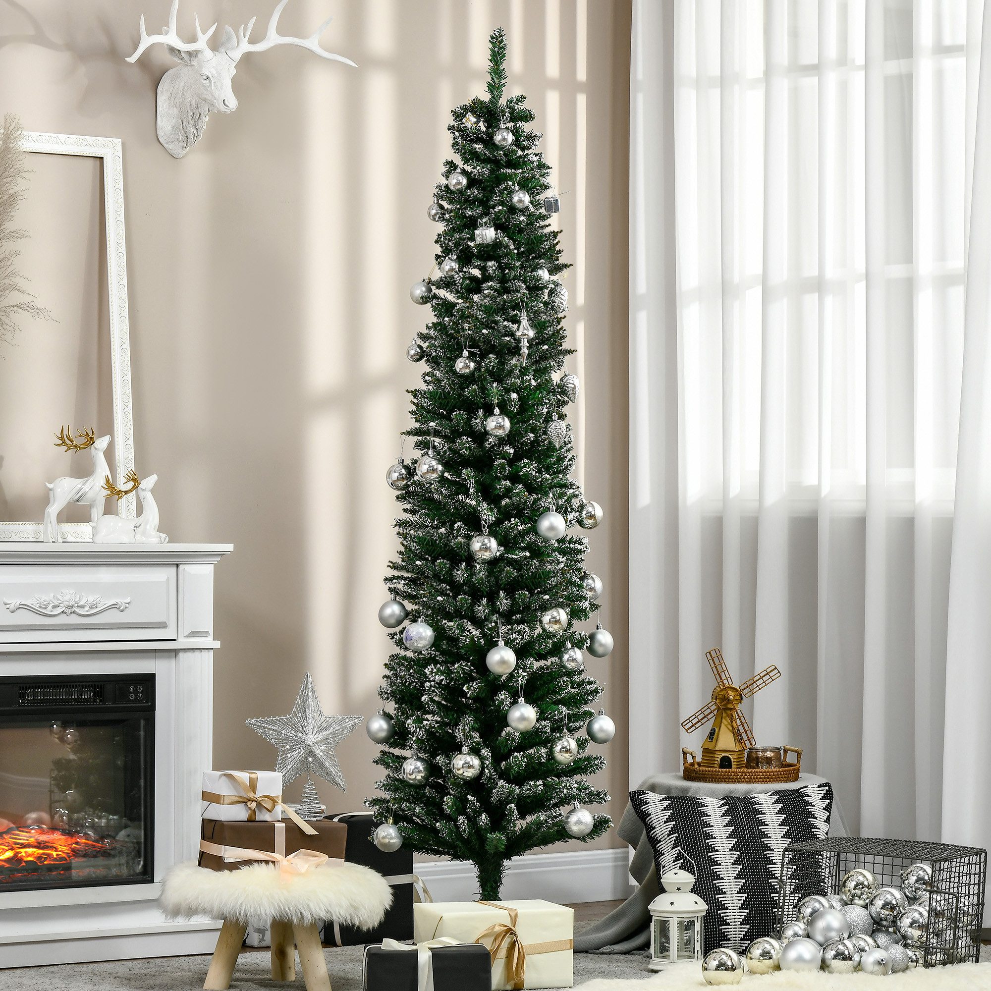 HOMCOM Künstlicher Weihnachtsbaum 190 cm, mit 570 Spitzen, Kunstschnee, klappbar Metallständer, Tanne, für Weihnachten Deko, Grün