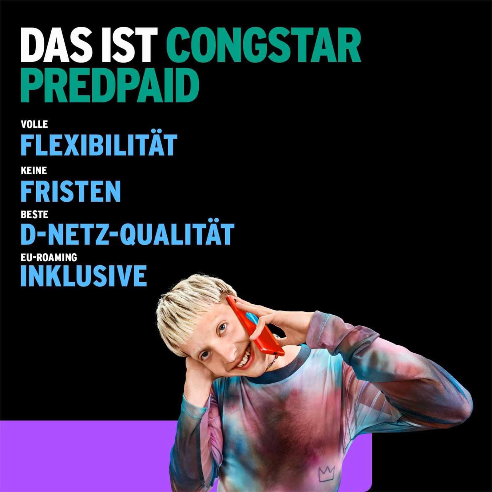 Congstar Prepaid ALLNET XL SIM-Karte ohne Vertrag 5G mit 25 Mbit/s Prepaidkarte, (Telefonie & SMS Flat, EU-Roaming inkl)