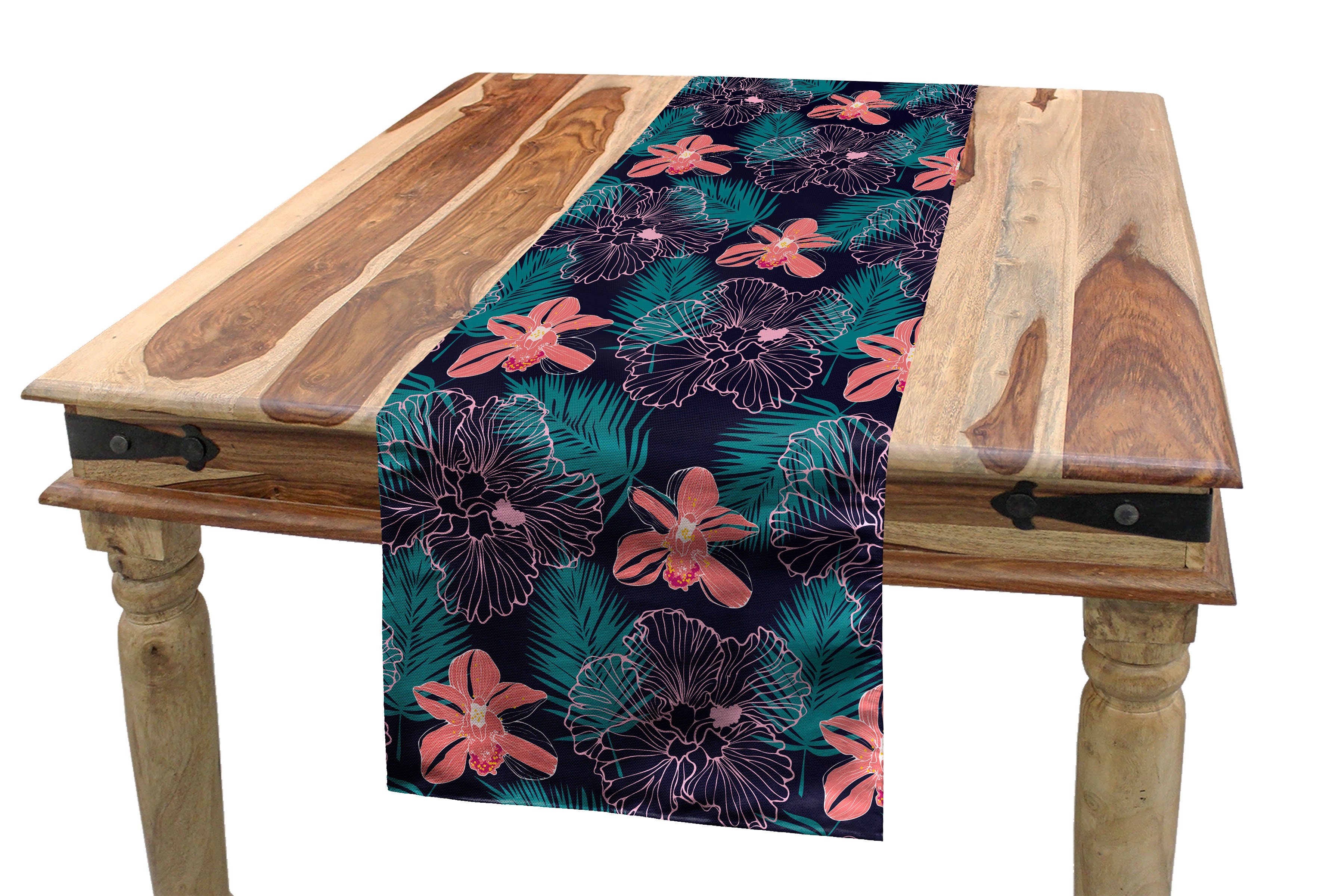 Abakuhaus Tischläufer Esszimmer Küche Rechteckiger Dekorativer Tischläufer, Luau Blätter Hibiscus auf dunklem