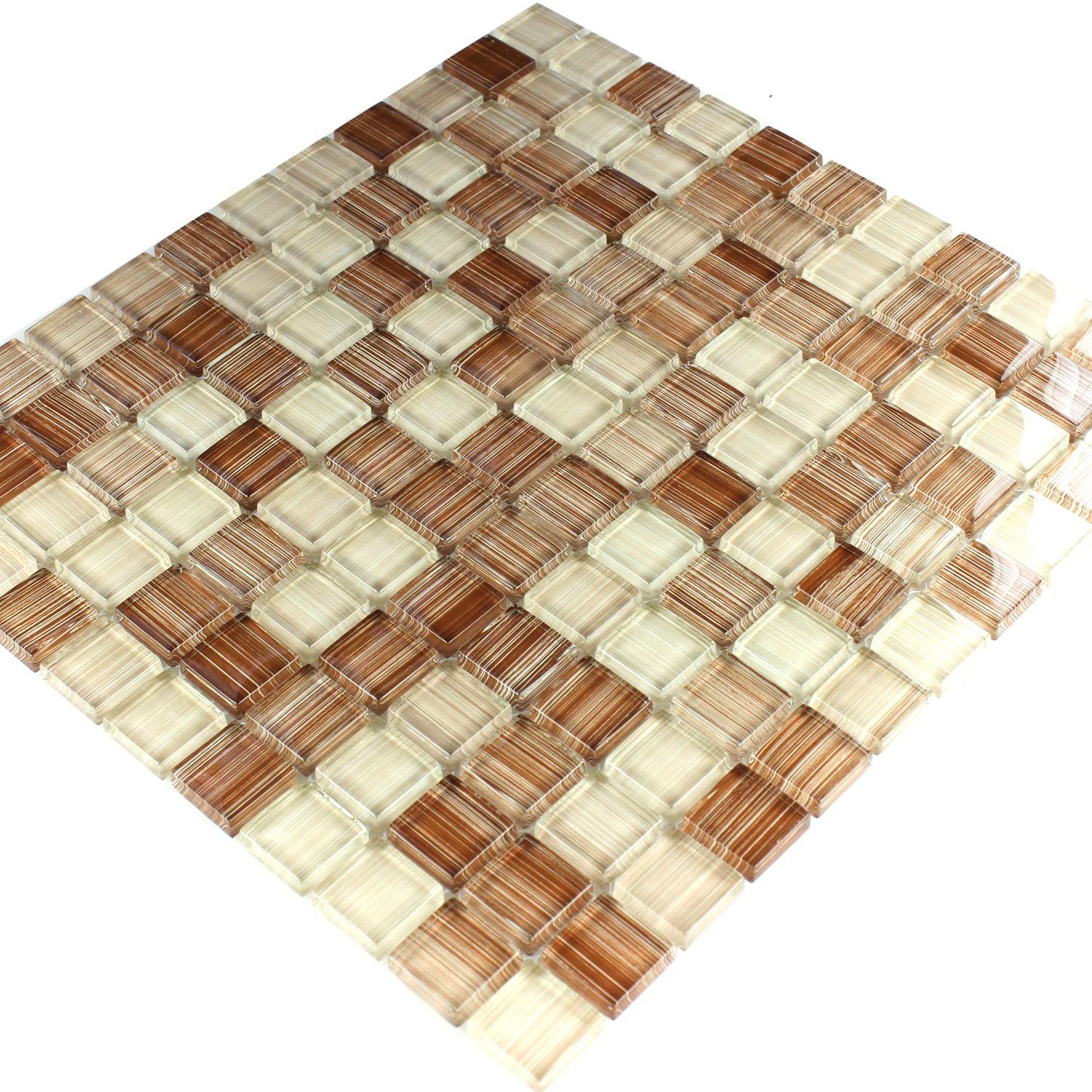 Mosafil Mosaikfliesen Glasmosaik Fliesen Lafayette Gestreift 8mm, Glas 32.500x30.500, beige-braun, Verlegefertig auf ein Netz geklebt - Frostsicher - Wasserdicht -