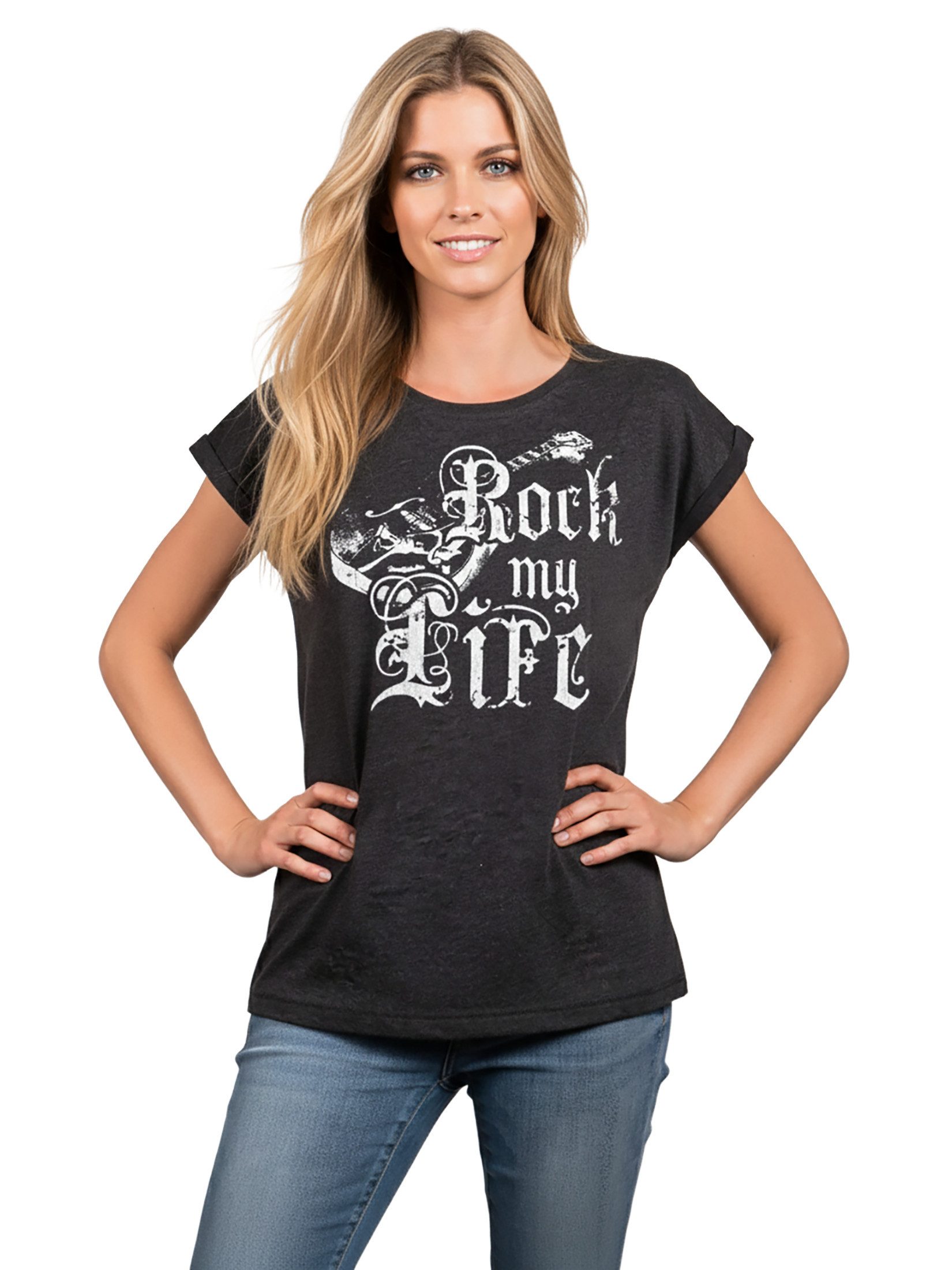 MAKAYA Print-Shirt Ausgefallene T-Shirts Damen lässige Oberteile Top Gitarrenmotiv Tunika (Rock Band Motiv, schwarz, grau, rosa, blau) große Größen