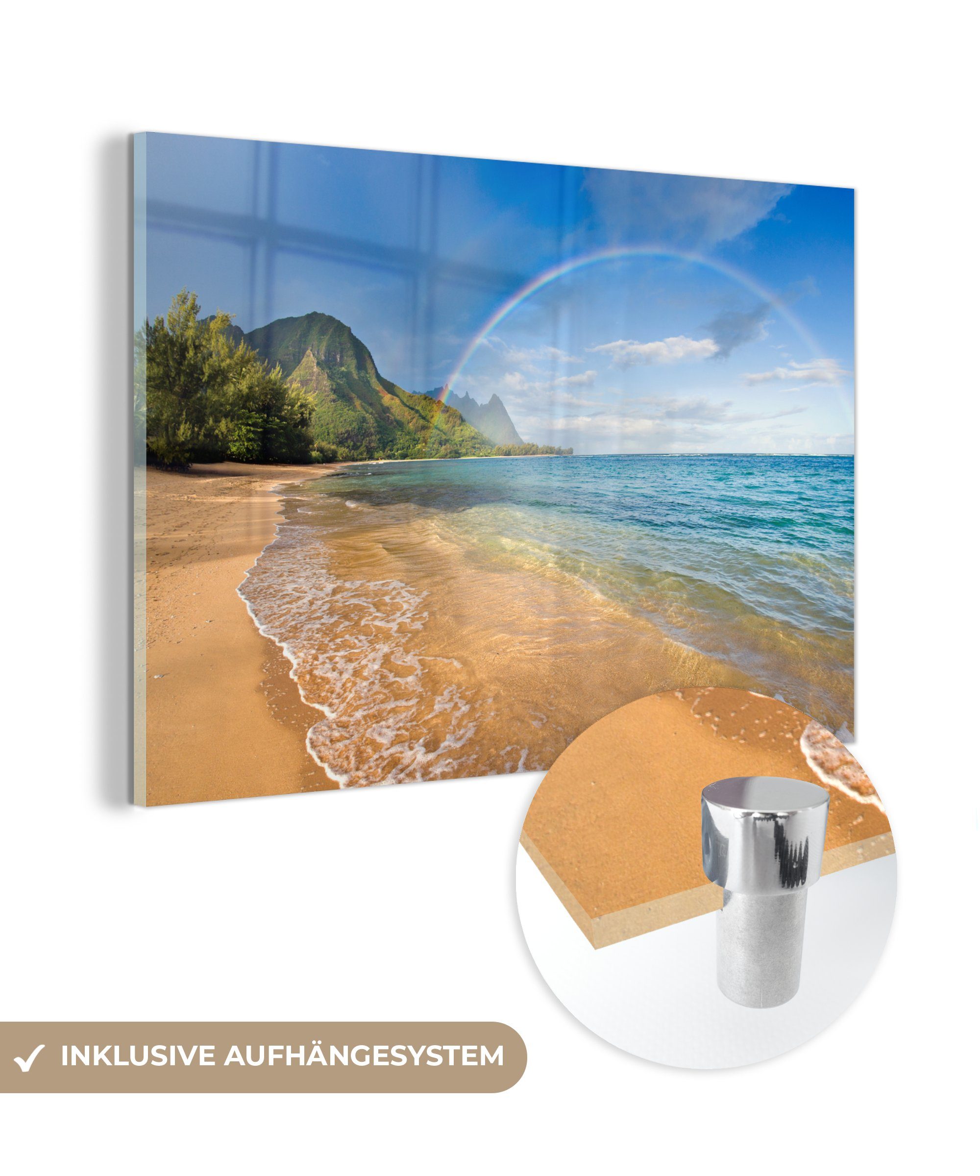 MuchoWow Acrylglasbild Ein schöner Regenbogen am Tunnels Beach in Hawaii, (1 St), Acrylglasbilder Wohnzimmer & Schlafzimmer | Bilder