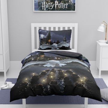 Jugendbettwäsche Harry Potter Eule 135x200 + 80x80 cm aus 100% Baumwolle, Familando, Renforcé, 2 teilig, mit Eule Hedwig und Hogwarts