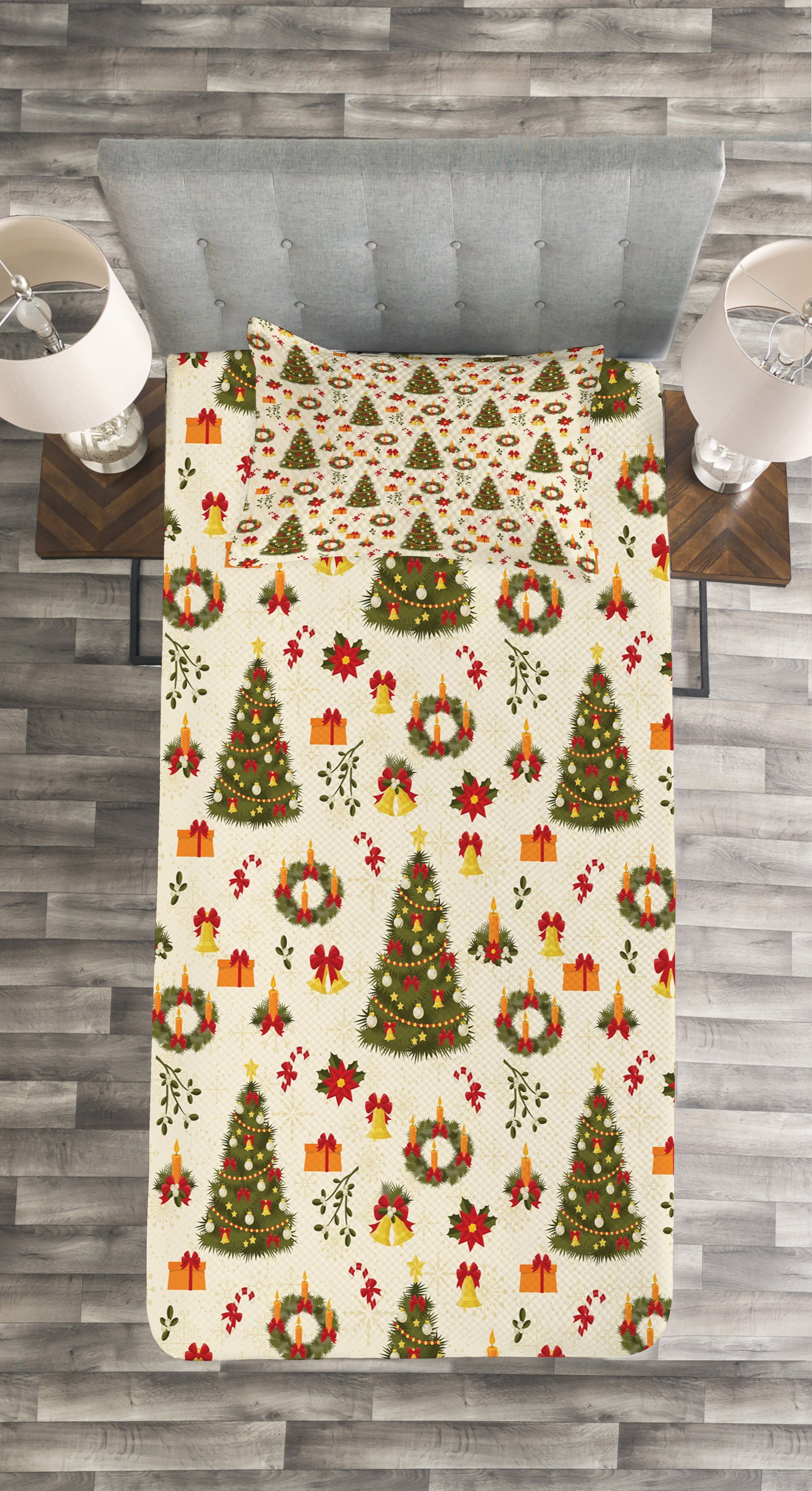 Tagesdecke Set mit Kissenbezügen Waschbar, Bäume Glocken Cartoon Abakuhaus, Weihnachten